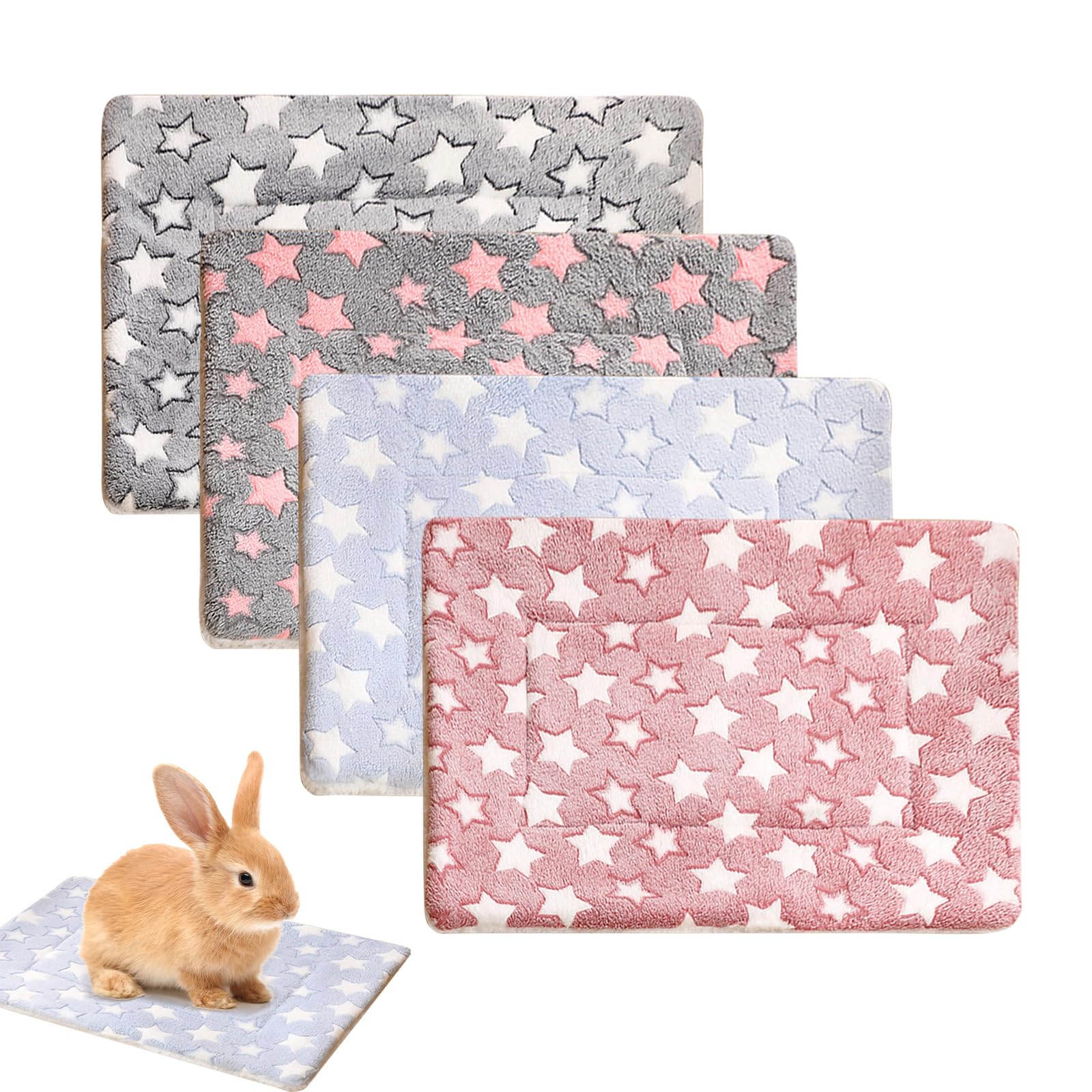Megcdtr Rabbit Ded, 4 pcs Guinea Pig Bed Mat Washable, Soft Fluffy Bunny Beds, Warm Rabbit Blanket, Thick Flannel Guinea Pig Mats, Small Animals Bedding for Bunny Hamster Squirrel (Stars 32 x 25 cm)
