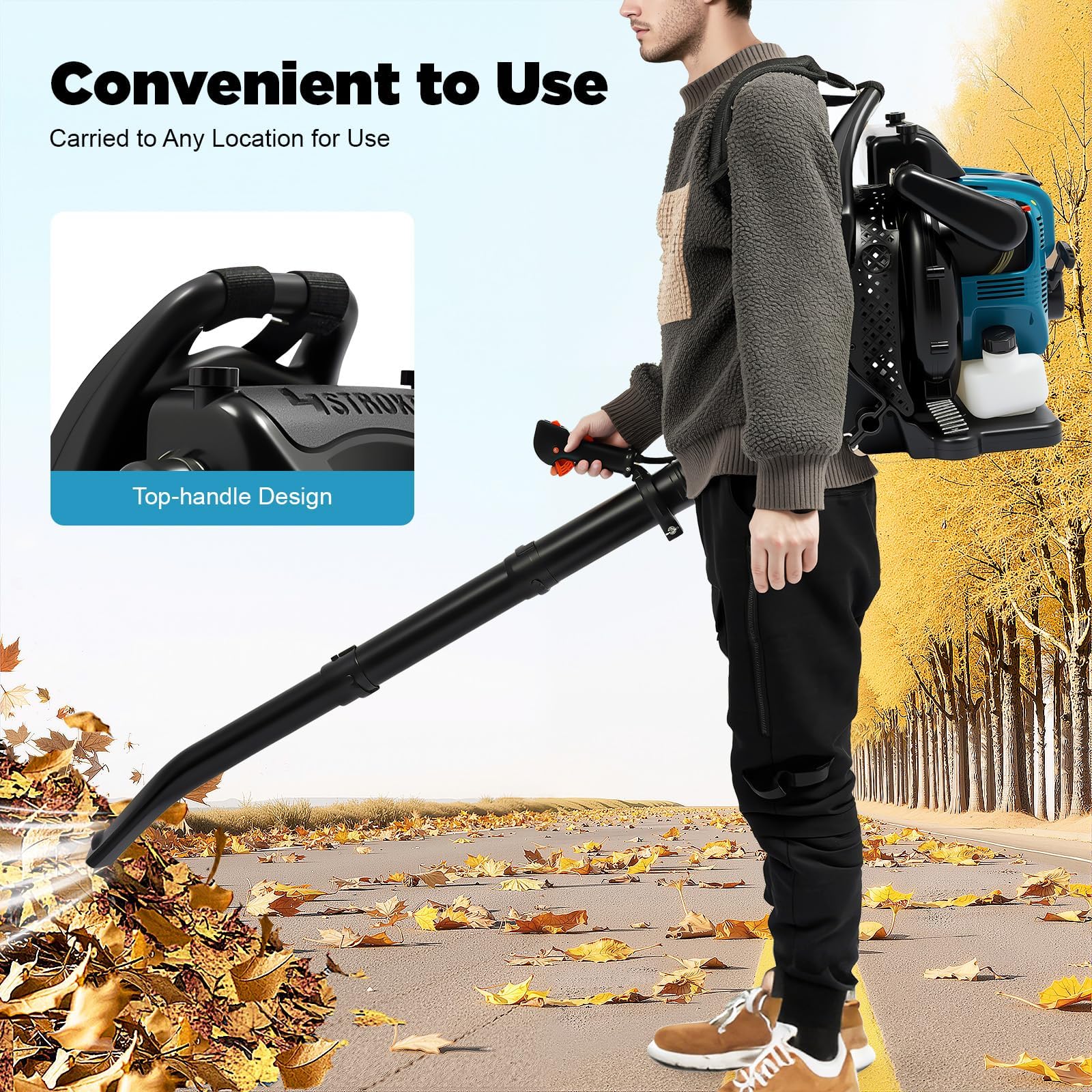 Soffiatore a Scoppio 75,6cc 4 Tempi a Zaino, Aspirafoglie da Giardino 2,6kW 7000r/min, Soffiatore a Batteria Potente senza cavi, Aspiratore Foglie da Giardino con tubo lungo 168cm