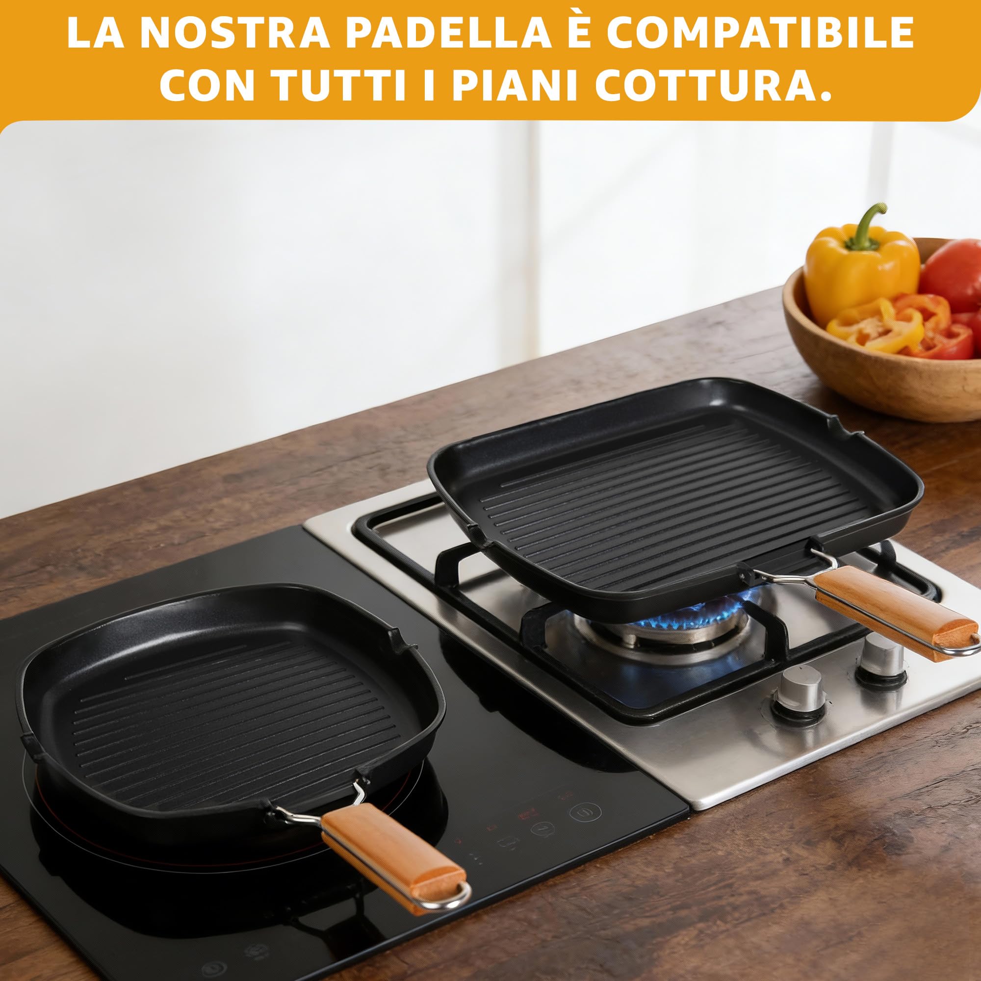 Bistecchiera in Lega di Alluminio Antiaderente con Rivestimento Antiaderente 36x25x6 cm con Manico in Legno Pieghevole, Adatta a Gas, Induzione ed Elettrico