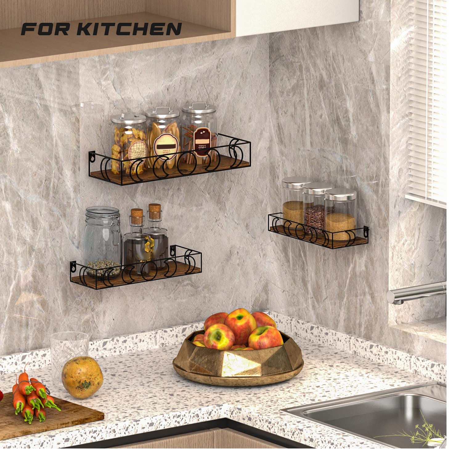 Mensole Da Parete EYMPEU - 3 Pezzi Legno E Metallo, Nero - Foto 2