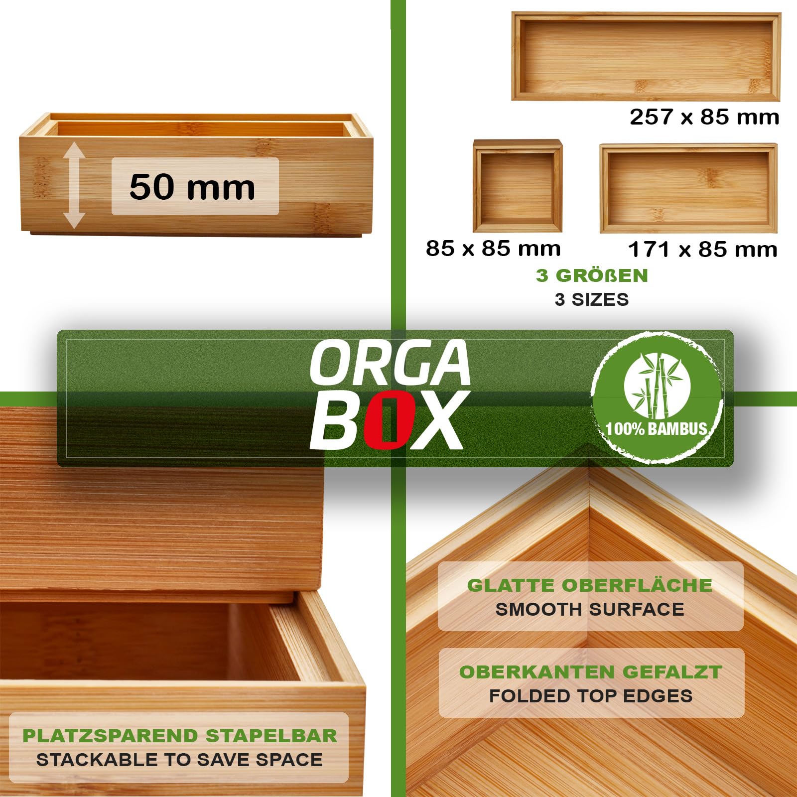 Orga-Box SOTECH BAMBUS Aufbewahrungsbox 12 teiliges Set | (geölt, 3 Größen 85/171/257 x 85 x 50 mm) Ordnungssystem stapelbar für Küchenschubladen Badezimmer und Arbeitszimmer