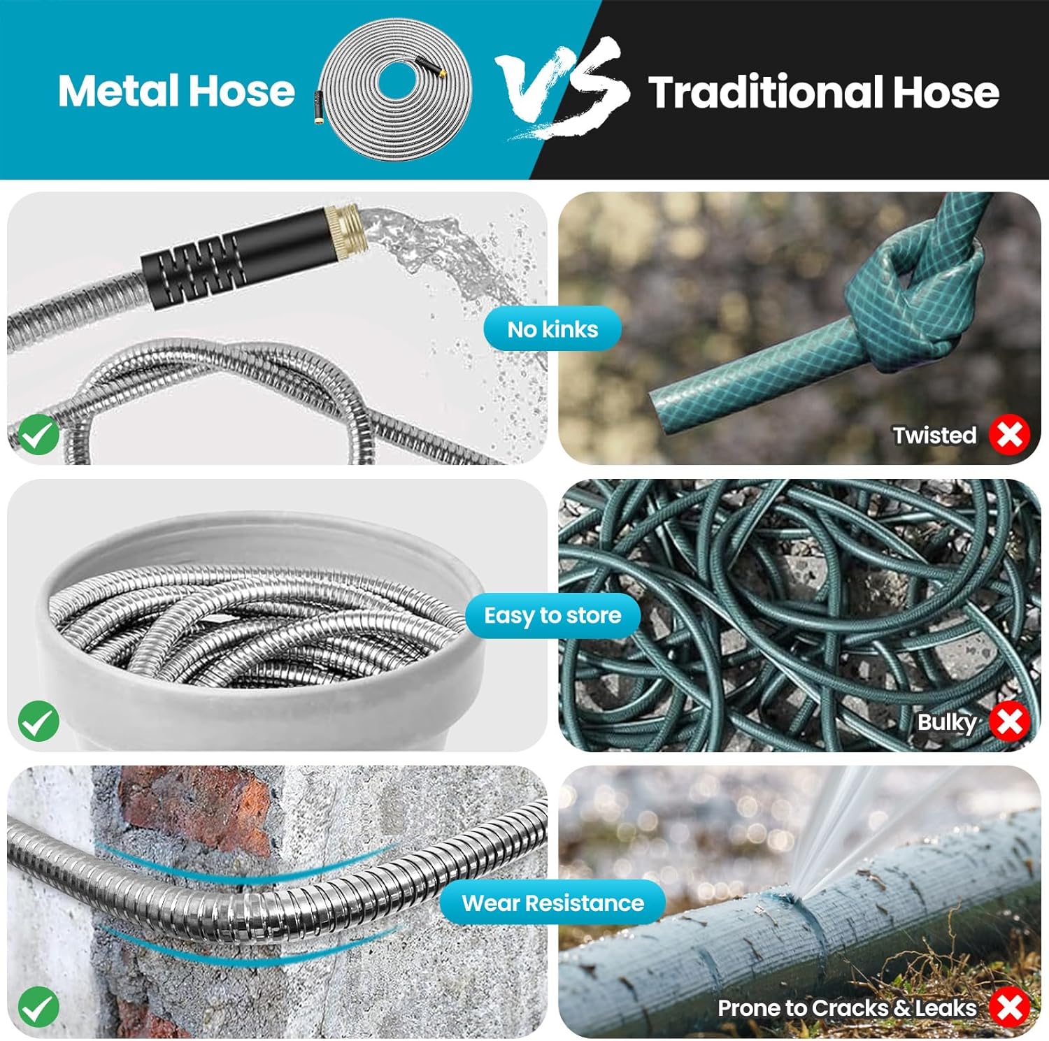 Stainless Steel Garden Hose 50ft – Kink-Resistant Metal Water Hose with Solid Brass Connectors, 10-Function Nozzle & Spare Seals – Fits All US Faucets