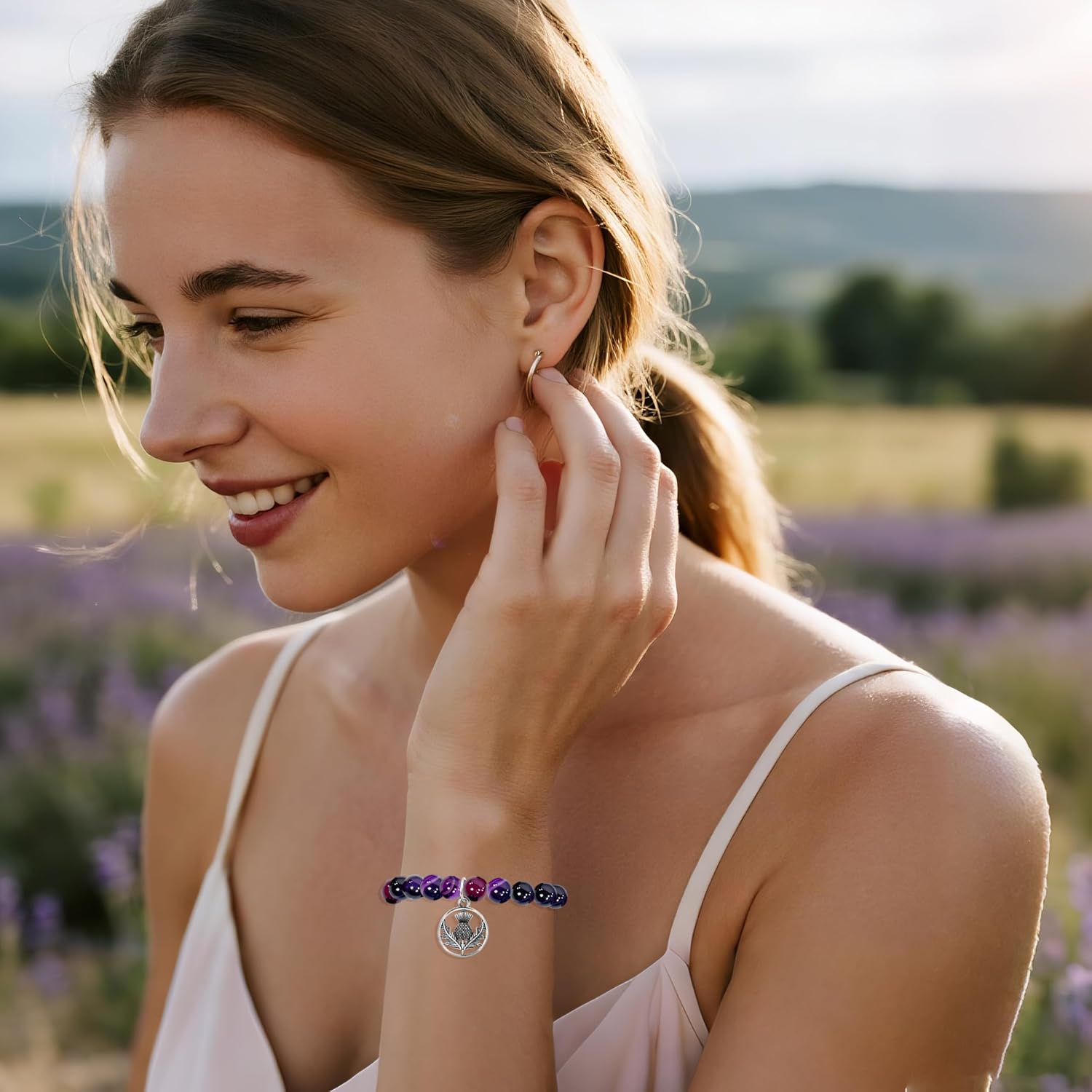 Scottish Thistle Bracelet for Women Girls, Scottish Gift, Celtic Thistle Jewelry, Scottish Wish Bracelet, Amethyst Beads Thistle Flower Jewelry
