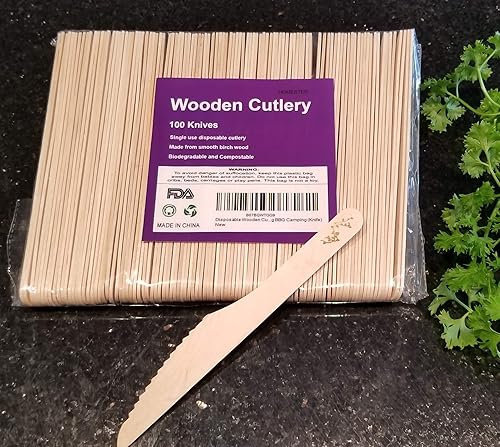 Vista 2 de Cubiertos de madera desechables, juego de 100, cubiertos decorativos ecológicos biodegradables compostables para fiestas, bodas, barbacoas