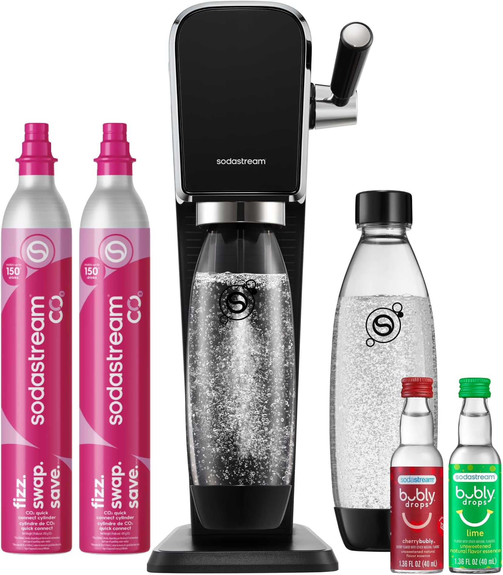 SodaStream Art Sparkling Water Maker Bundle (Black), with CO2, Dishwasher Safe Bottles, and Bubly Drops Flavors