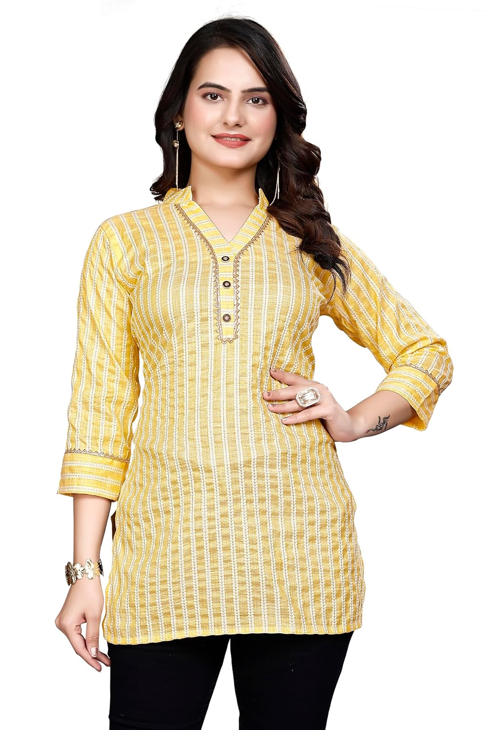 Women’s Striped Cotton Silk Straight Designer Kurta & Tunic Trendy, Attractive,Button Detailing V-Neck Collar, Lace Work – Western & Ethnic Collection Women’s Striped Cotton Silk Straight Designer Kurta & Tunic Trendy, Attractive,Button Detailing V-Neck Collar, Lace Work – Western & Ethnic Collection