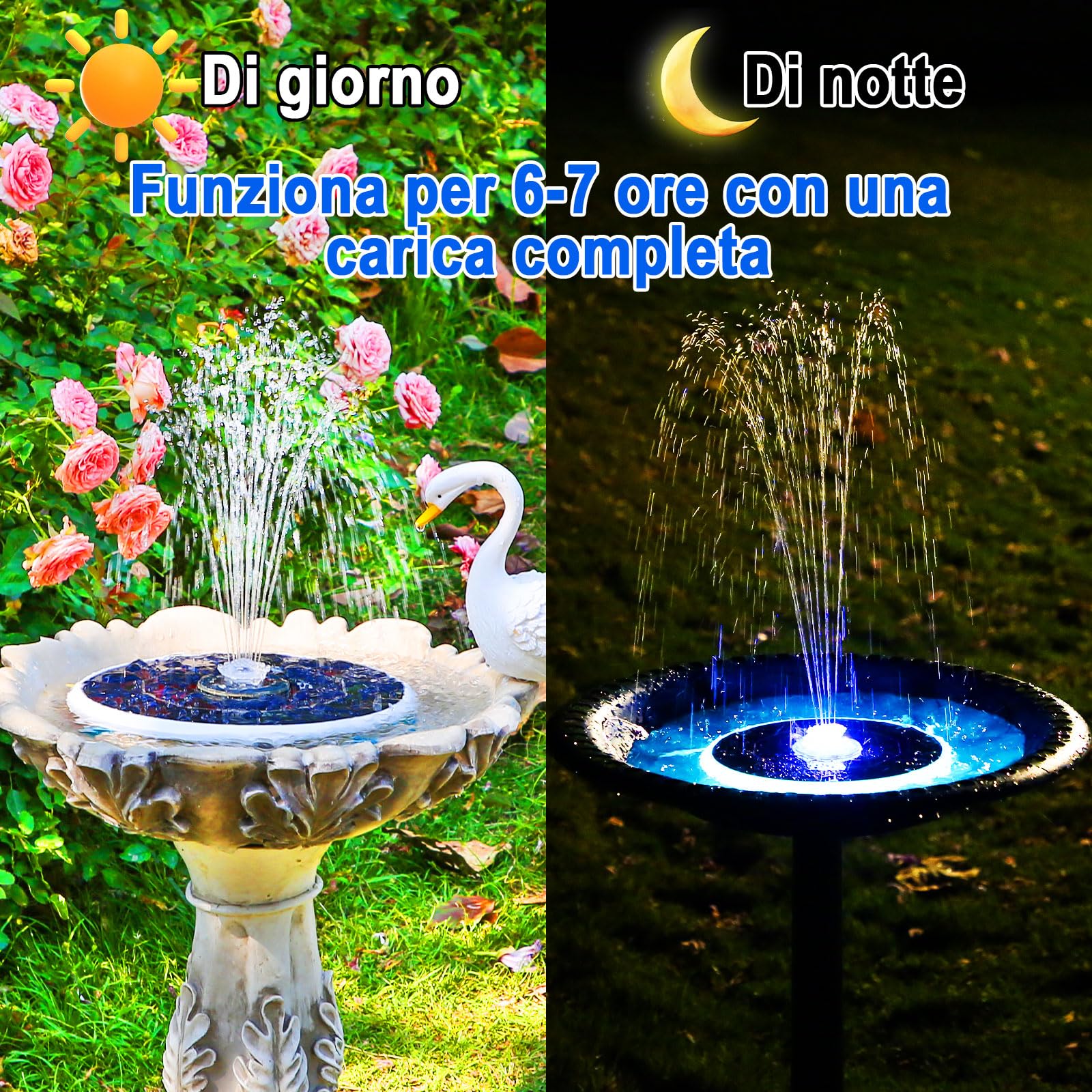 AISITIN 6,5 ​​W LED Fontana Solare per Esterni Migliorata con Batteria da 3300 mAh, Pompa per Fontana con Vari Effetti di Spruzzo, con Barra Luminosa, Fontana Solare per Esterni per Giardino, Laghetto