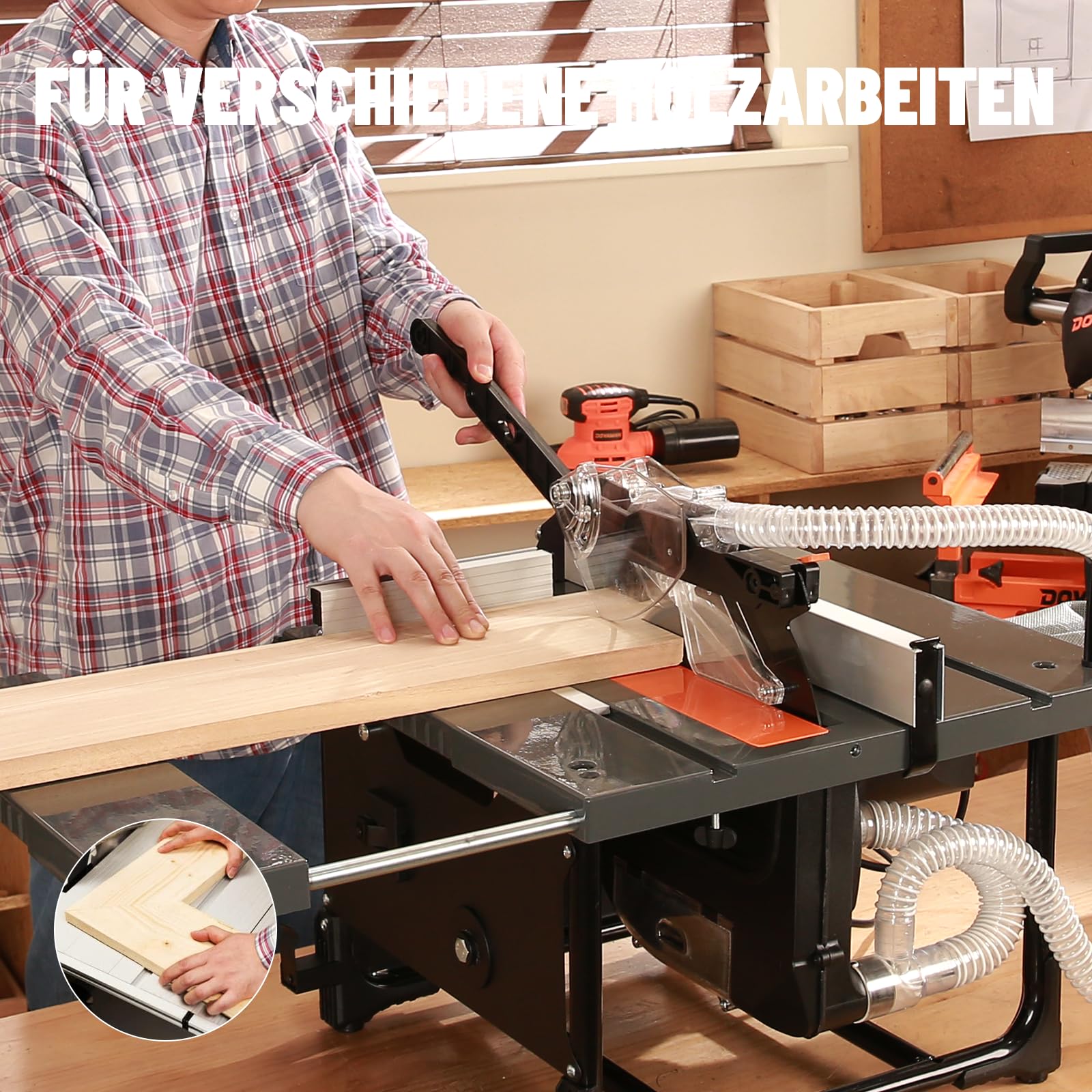 DOVAMAN DTS02M Tischkreissäge, 98% Staubabsaugrate, 2000W mit 216mm Sägeblatt, Sanftanlauf-Technologie, 0-45° Gehrungsschnitt, 45-60mm Schnitttiefe, Mini Tischkreissäge Ideal für Holzarbeiten & DIY