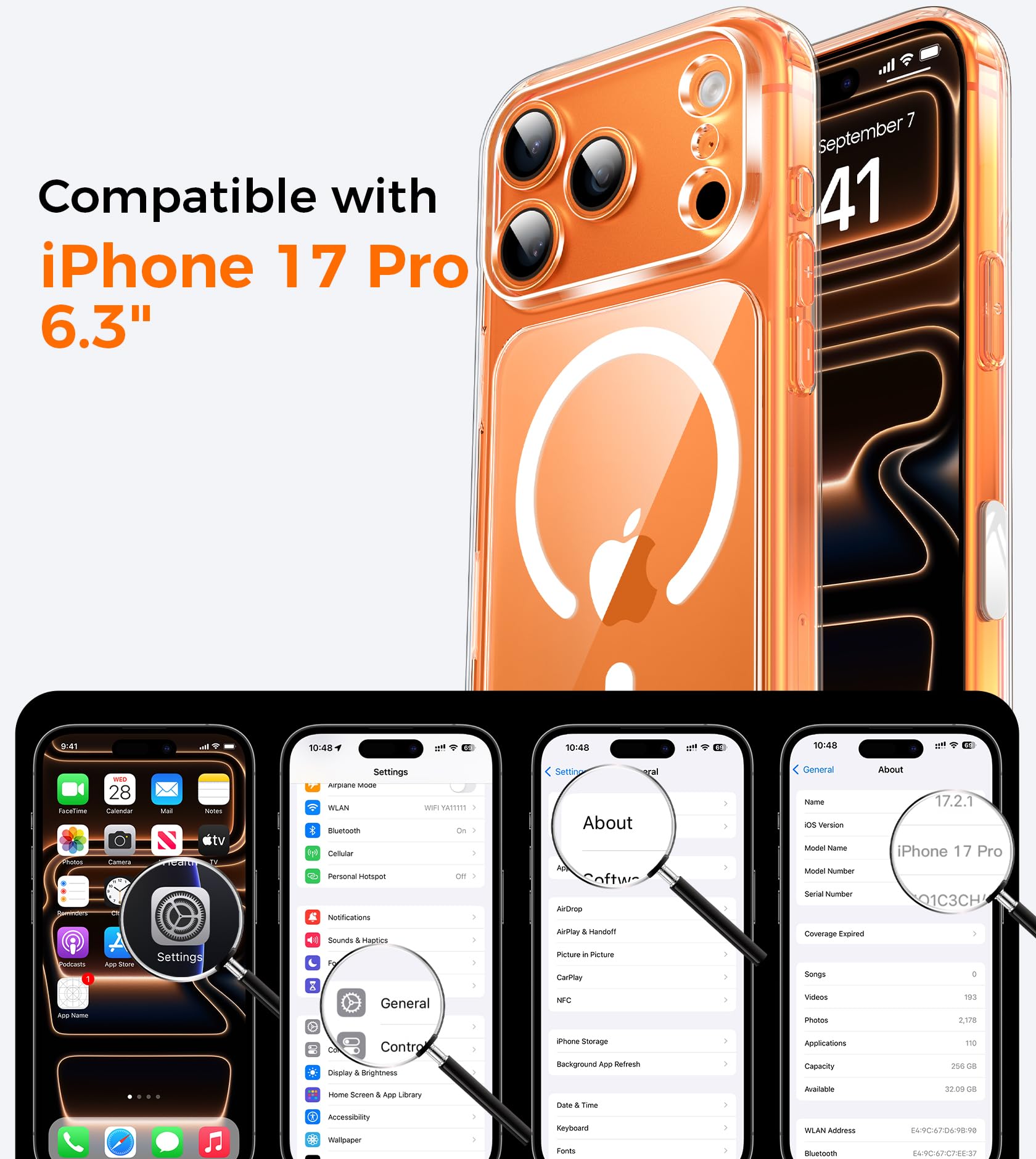 Magnética Funda para iPhone 17 Pro Compatible MagSafe con 2 Cristal Templado, Control de Cámara, Protección Carcasa Antigolpes Anti-Amarillo Tapa Case iPhone 17 Pro, Transparente — view 2