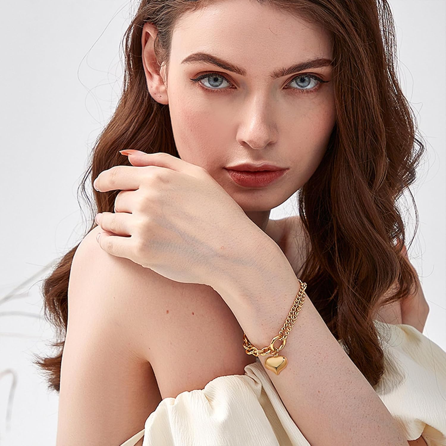 Gold Heart Charm Chain Bracelet for Women, Chunky Link Bracelet Adjustable Fashion Jewelry - Image 3