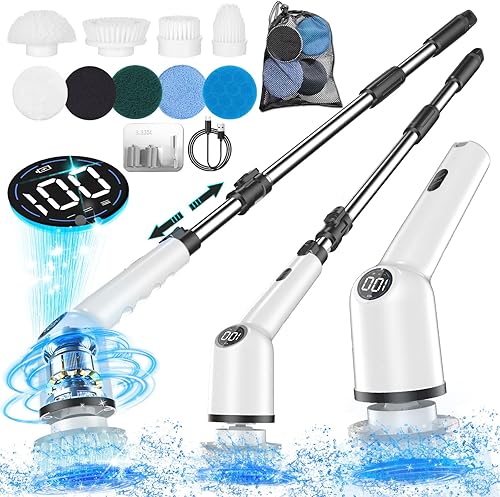 TwoWin Limpiador eléctrico giratorio, cepillo de limpieza eléctrico inalámbrico de 3 velocidades, limpiador giratorio de ducha con mango largo para