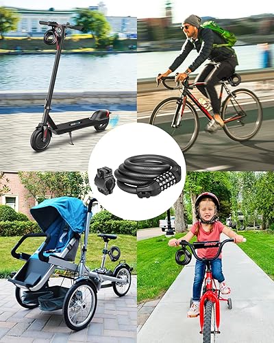 Miniatura 7 de KEYSTP Cable de bloqueo de bicicleta, cable de acero de hasta 0.591 in de grosor, combinación de 5 dígitos de alta seguridad, antirrobo, bloqueo de