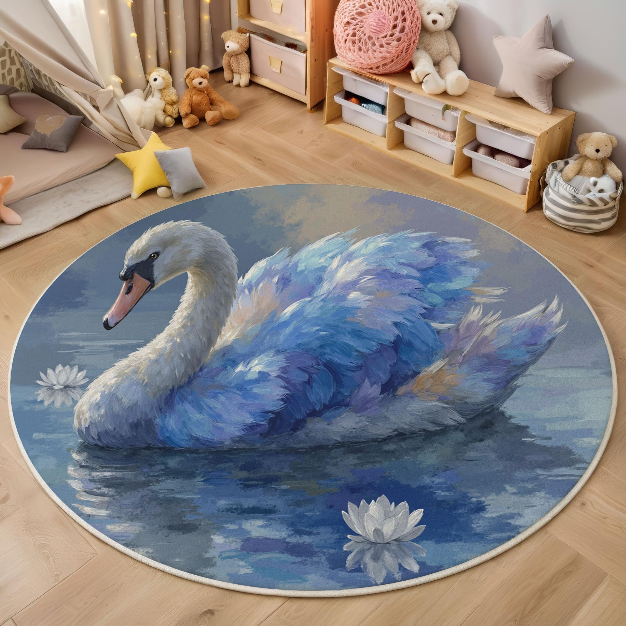 Tapis rond 140cm poil ras nymphes cygne aquarelle, l'élégance d'une toile de maître