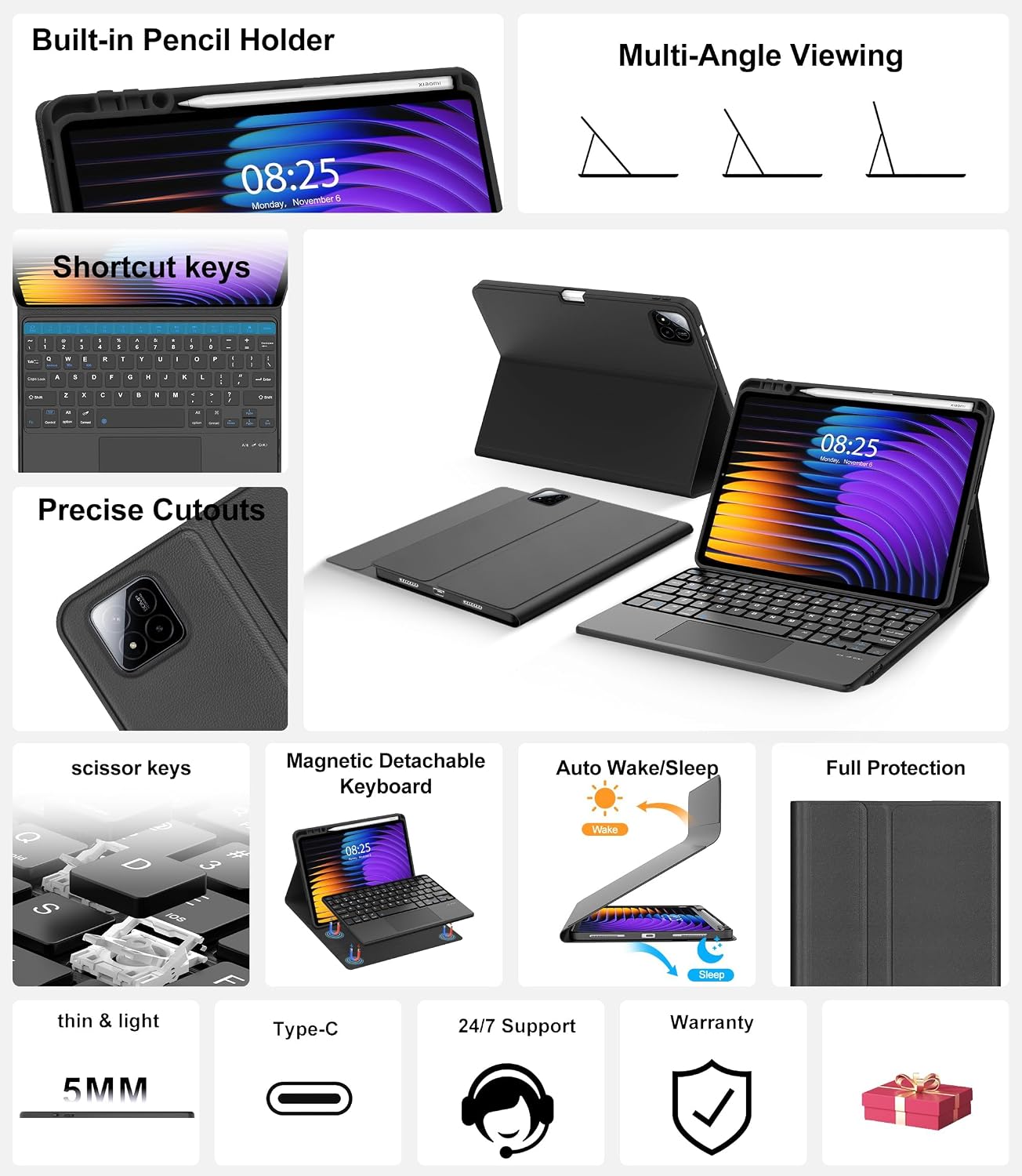 Keyboard Case for Xiaomi Pad 8 / Xiaomi Pad 8 Pro 11.2 inch 2026, Magnetic Detachable Keyboard Multi-Touch Trackpad, Protective Cover with Pen Holder, Folio Case for Xiaomi Tablet Pad 7/7 Pro 11.2''