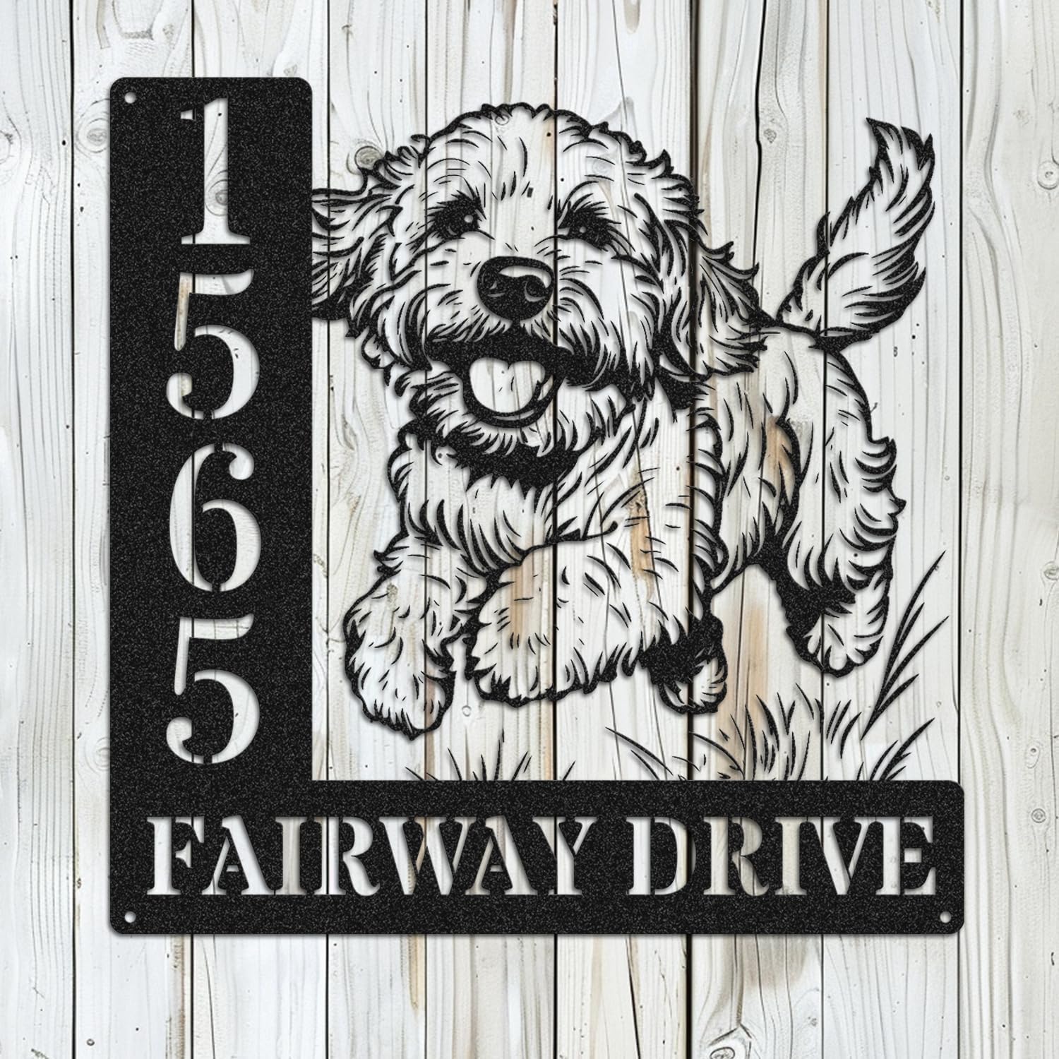 Personalized Goldendoodle Dog Address Plaque, Custom Metal House Number Sign, Playful Goldendoodle Design, Outdoor Yard Decor for Dog Lovers (Goldendoodle)
