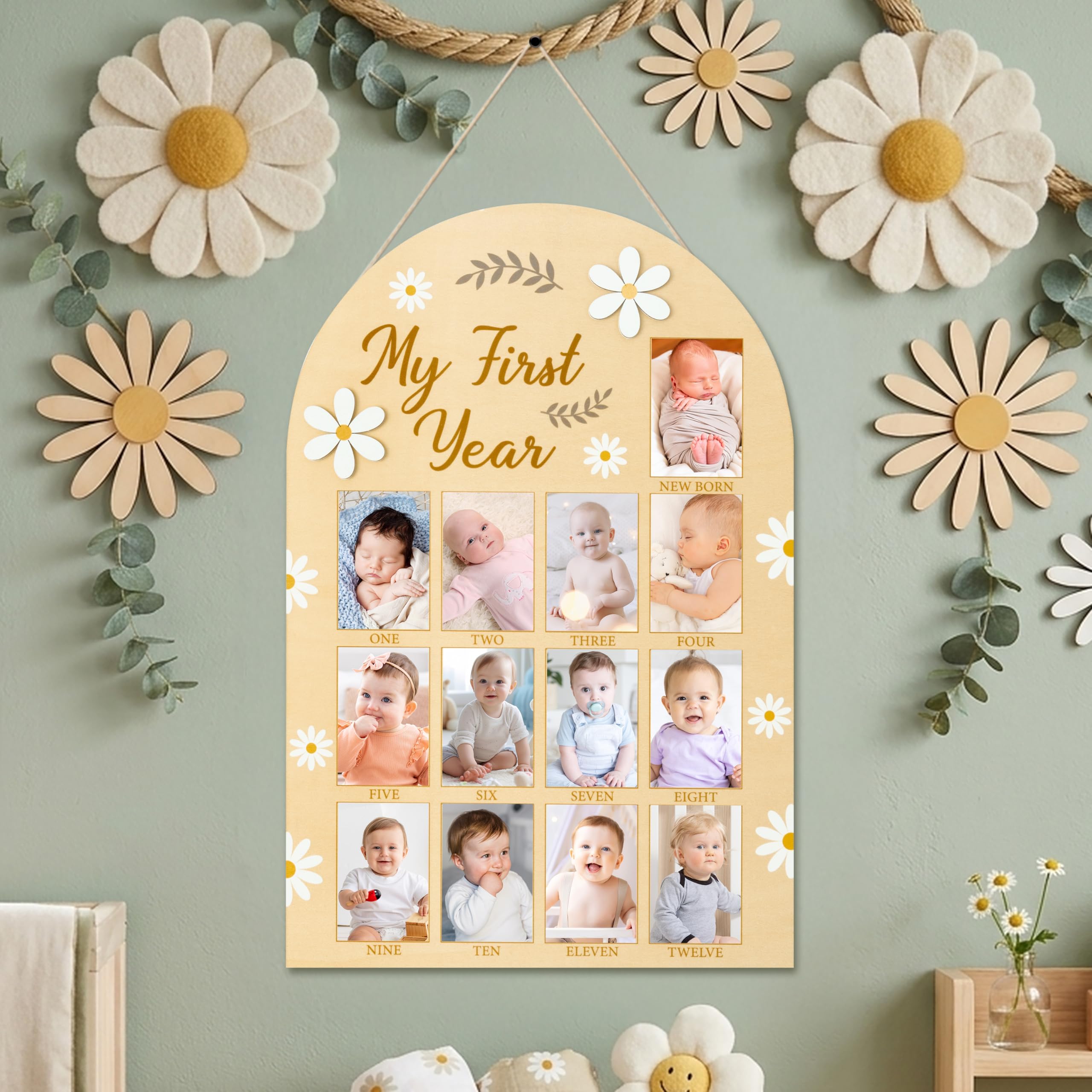 R HORSE My First Year Photo Frame Board - Baby’s First Year Picture Frame 12 Months Milestone Board Daisy Photo Display Wood Board 1st Birthday Frame Nursery Decor Baby Keepsake Gift for Boy Girl
