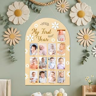 R HORSE My First Year Photo Display Wood Board, 3D Daisy Baby's First Year Picture Frame 12 Months Milestone Board Neutral Baby Keepsake Birthday Nursery Decor Gift for Boy Girl