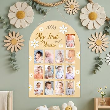 R HORSE My First Year Photo Display Wood Board, 3D Daisy Babys First Year Picture Frame 12 Months Milestone Board Neutral Baby Keepsake Birthday Nursery Decor Gift for Boy Girl