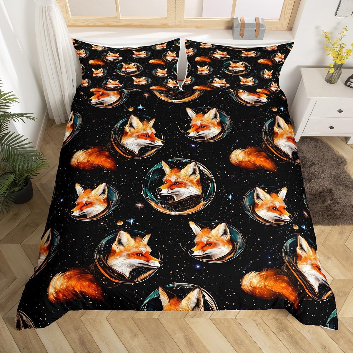 Japan Fox Duvet Cover Set Full Size,Japanese Landscape Ukiyoe Cherry Blossom Bedding Set,Boys Girls Room Decor,Wild Animal Trippy Comforter Cover,Pink White Quilt Cover,2 Pillowcases(No Comforter)