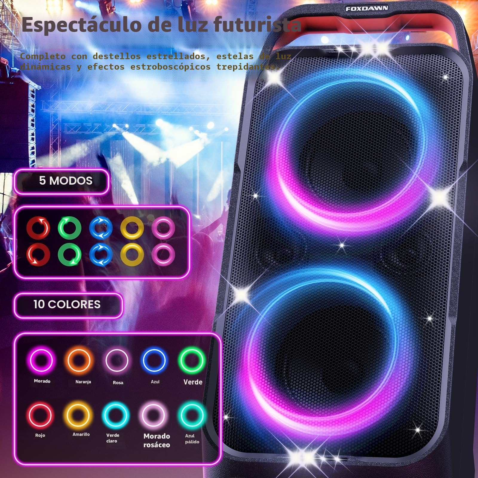 Foxdawn Altavoz Bluetooth Portátil Potente, 240W Peak Sonido Fuerte, Super Bass, Altavoz Bluetooth Grande, Batería 20H, Luces Geniales, TWS Estéreo y Bluetooth 5.3 para Fiestas, Camping, Playa (Black)