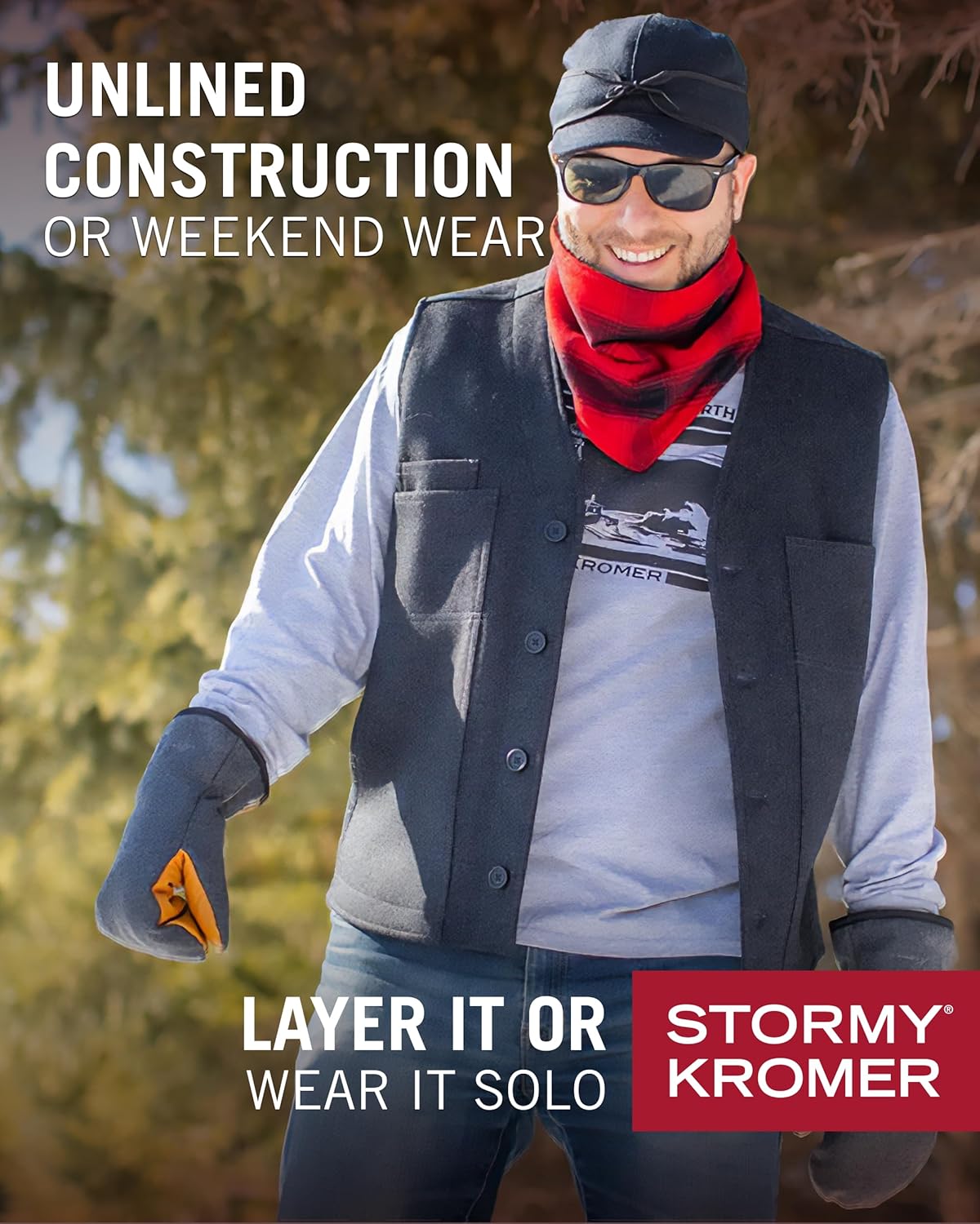 Stormy Kromer The Button Vest, 100% Virgin Wool, 5 Pockets, 4-Button Front, Unlined, Vintage Look, Cut and Sewn in the USA