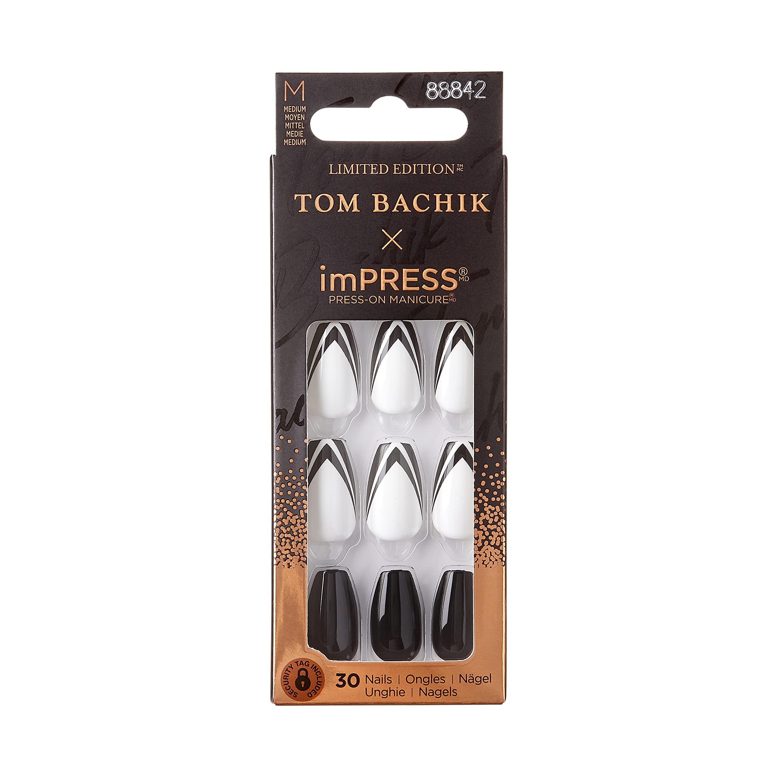 imPRESS KISS TOM BACHIK x Press-On Manicure Nail Kit, Style Tuxedo Nights Medium Coffin Black & White French Press-On Nails, Includes Prep Pad, Mini Nail File, Cuticle Stick, & 30 Fake Nails