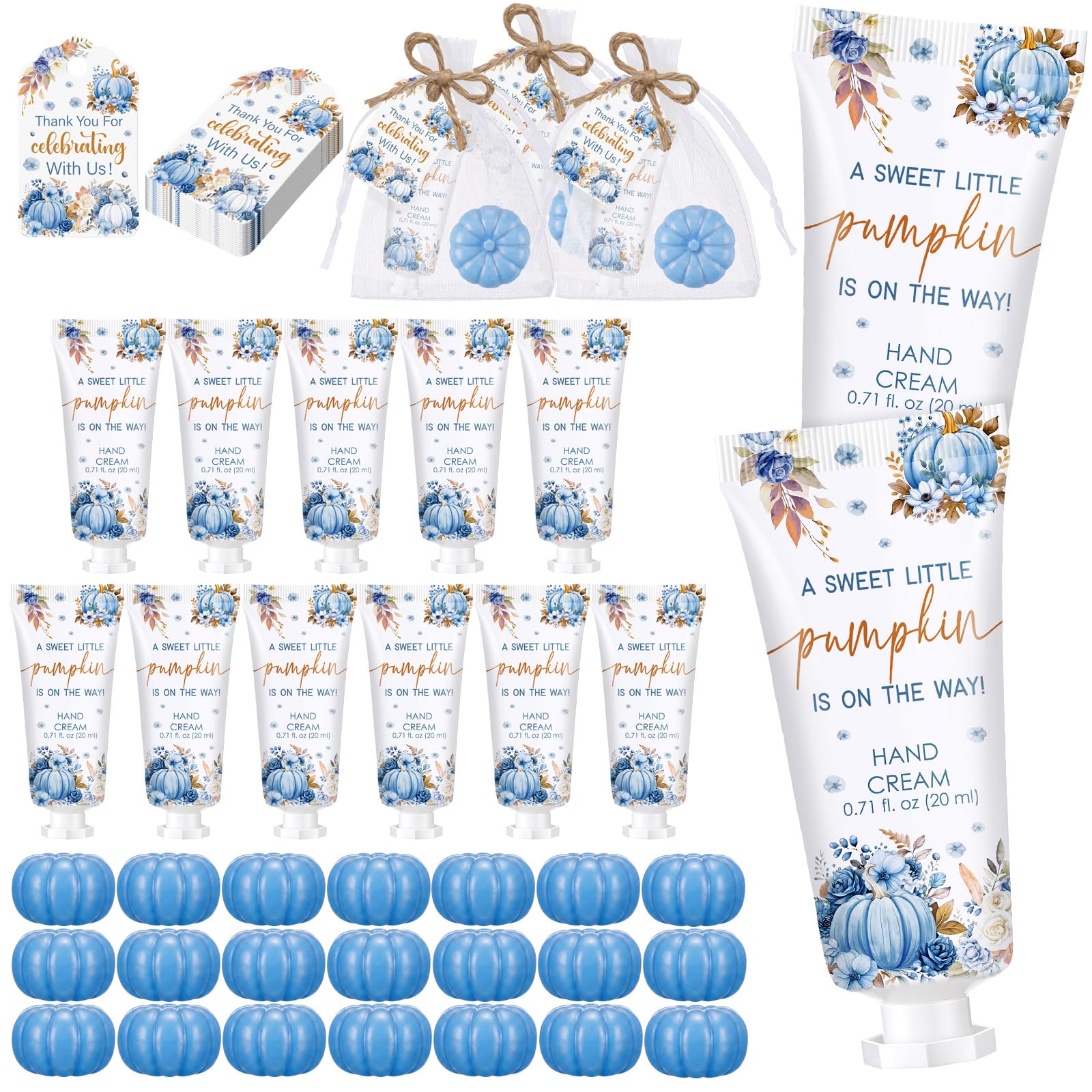 Leelosp 24 Set/96pcs Little Pumpkin Baby Shower Favors for Guest, Fall Bow Coquette Party Favor Set with Hand Cream, Soap, Organza Bags and Thank You Cards for Autumn Baby Shower Favor(Blue,Pumpkin)