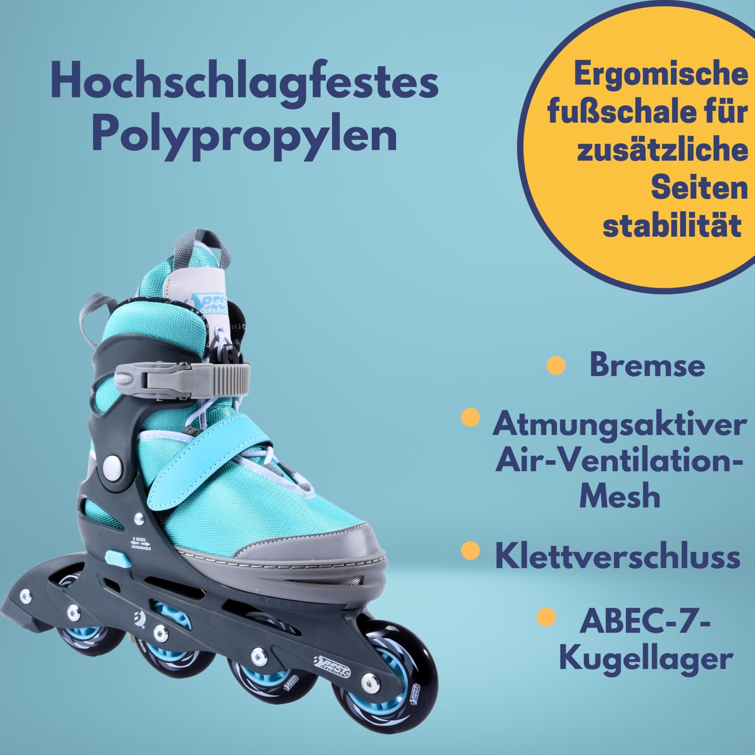 Best Sporting Inliner für Kinder 5-Fach größenverstellbar in blau I Inline Skates Kinder I robuste und hochwertige Kinder Inliner mit Bremse I Inliner Kinder mit 4 Rollen I Inliner Damen