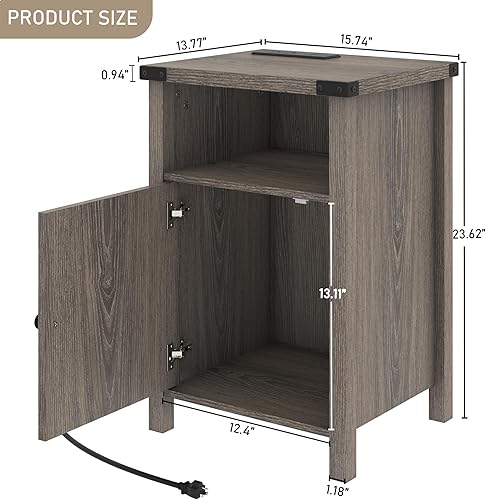 Miniatura 4 de Juego de 2 mesitas de noche LED de granja con estación de carga, mesa auxiliar rústica con puerta de granero y estante de almacenamiento, mesita de