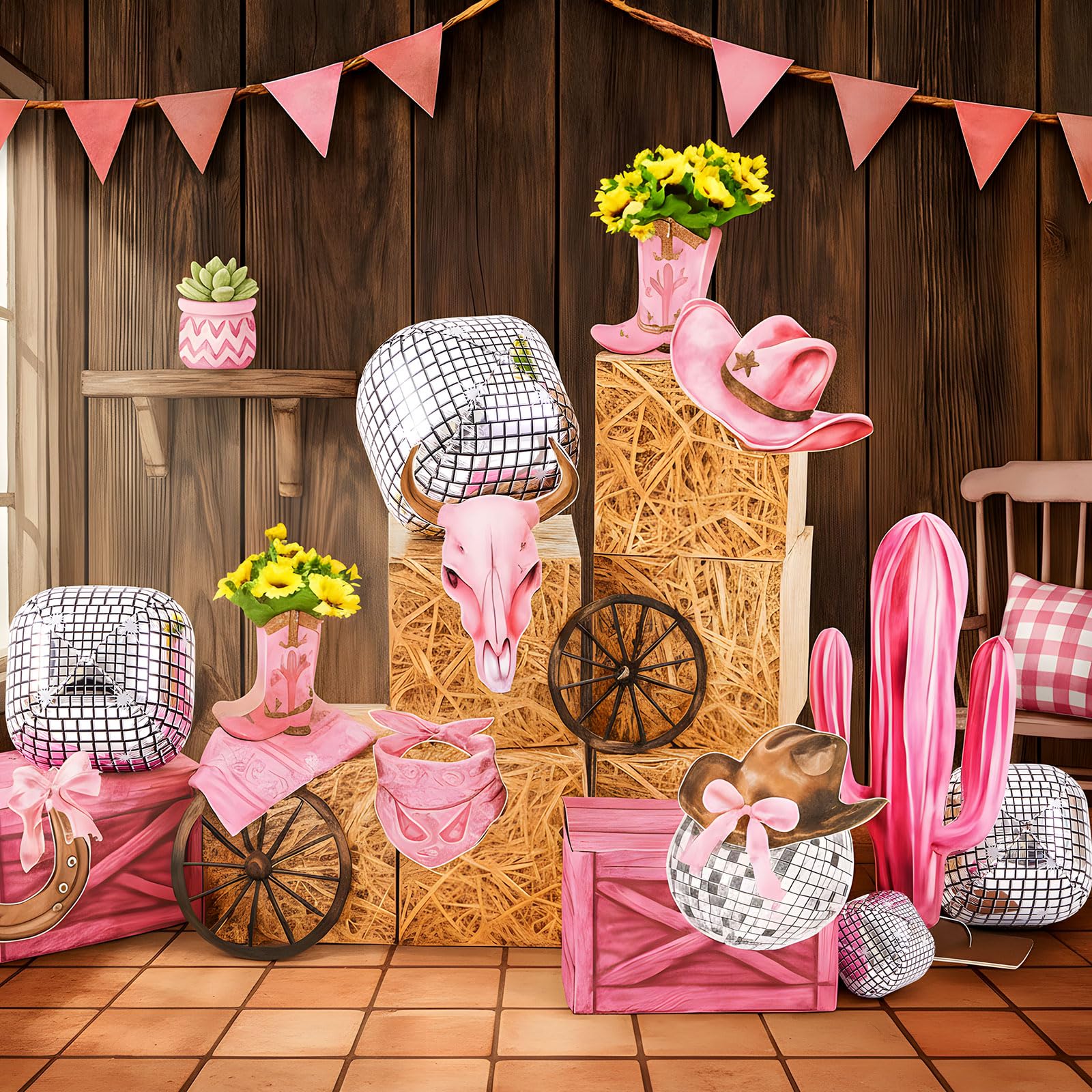 AceOrbit 24 Pcs Hay Bales for Decoration Western Cowgirl Party Decoration with Straw Box Wheel Horseshoe Disco Foil Pink Cactus Cowgirl Hat Photobooth Prop for Cowboy Bachelorette Trunk or Treat Party