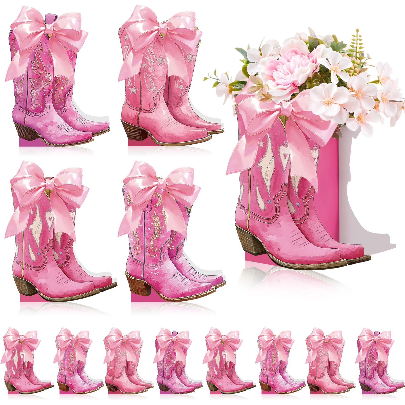 12 Set Western Pink Cowgirl Bow Boot Centerpiece Box Rodeo Vase