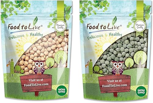 Paquete de legumbres premium Garbanzos, 5 libras y guisantes verdes enteros, 5 libras Verificado sin OMG, crudos, kosher, vegano