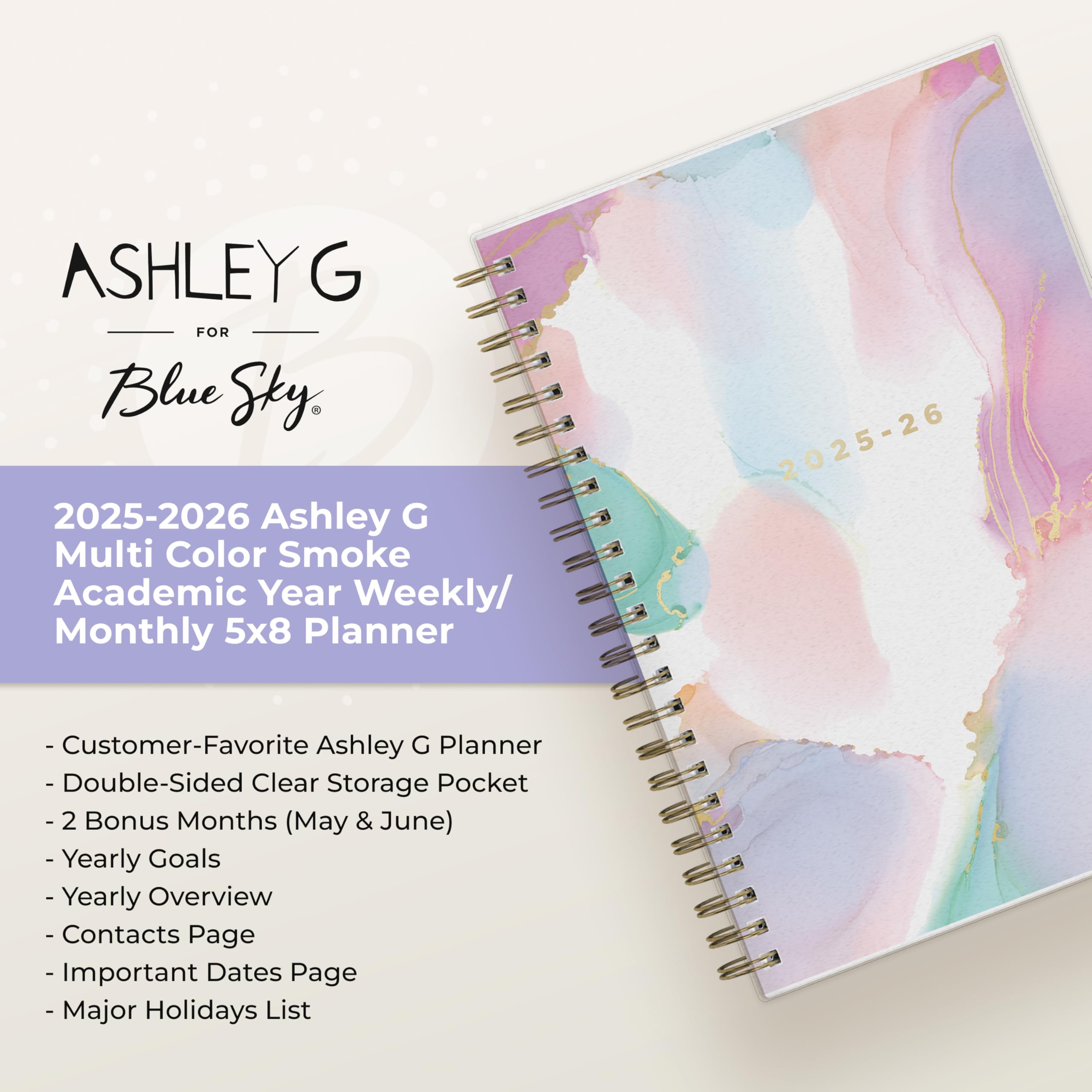 Blue Sky Ashley G 2025-2026 Wochen- und Monatsplaner für das akademische Jahr, Juli 2025 bis Juni 2026, 12,7 x 20,3 cm, flexibler Einband, Spiralbindung, laminierte Reiter, mehrfarbig