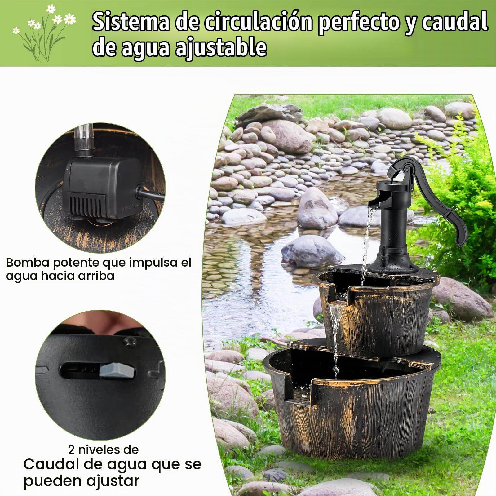 RELAX4LIFE Fuente de Jardín con Bomba de Agua, Fuente Decorativa 2 Niveles, Fuente Escalonada con Cascada Regulable, Fuente Decorativa de Jardín para Terraza, Jardín, Balcón, 45,5 x 41 x 68 cm