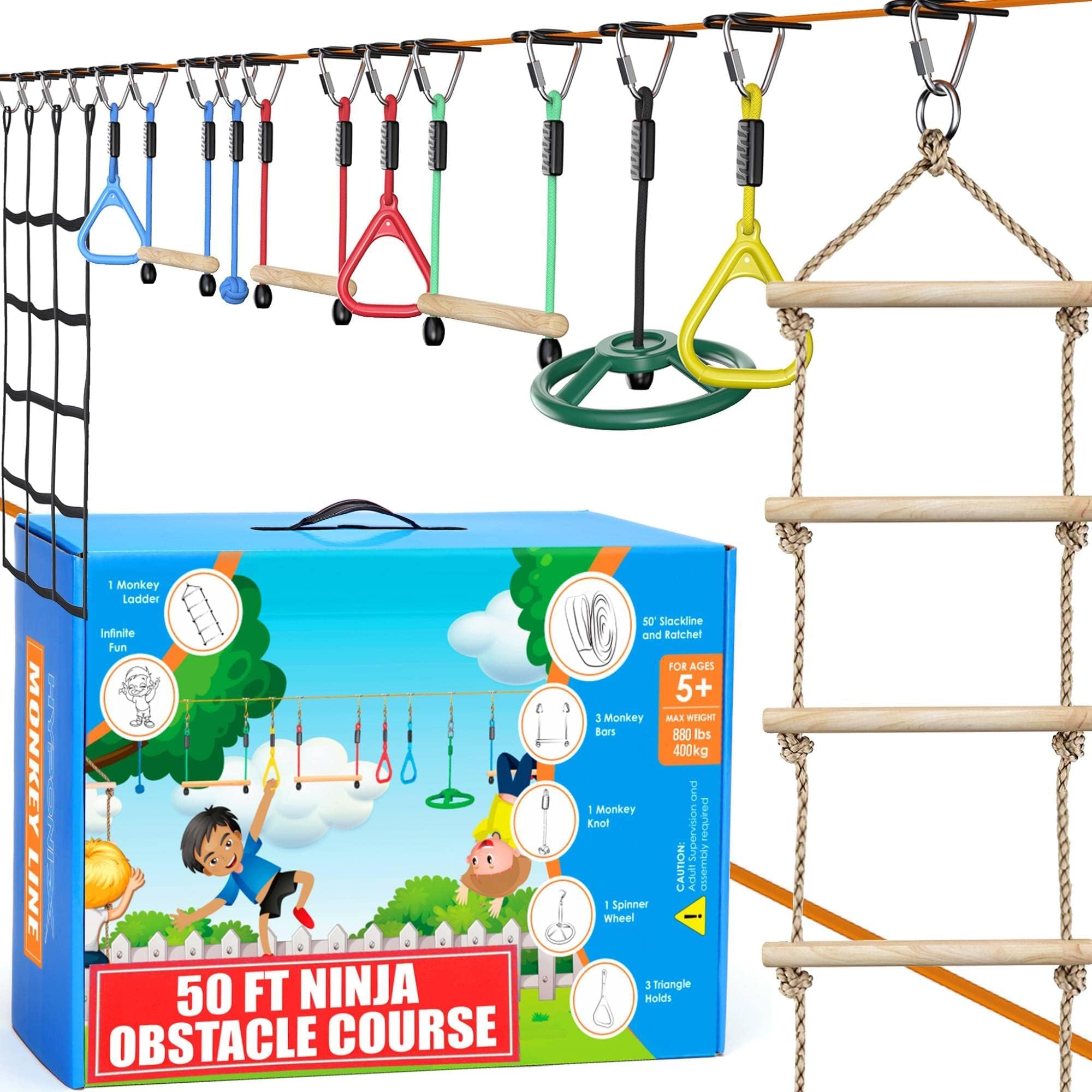 Hyponix Sporting Ninja Warrior Obstacle Course for Kids - 2 x 50 ft - Up to 880 Lbs - 10 Weatherproof Obstacles - Ages 5-12 | Setup on Trees or Posts | Ninja Course for Kids Outside | Monkey Line