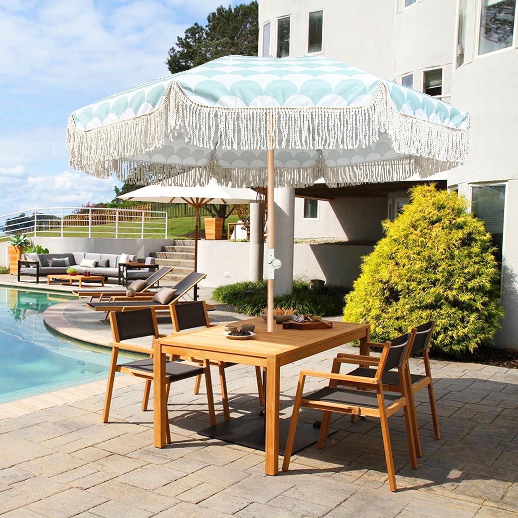 6foot patio umbrellas Amazon.com: Green Boho Beach Umbrella With Fringe Fan Pattern 6ft Patio  Umbrella UPF50+ Table Umbrella Heavy Duty With Tilt Portable Pool Umbrella  1.26in Wood Pole Holiday Outdoor Tassel Umbrella For Backyard :