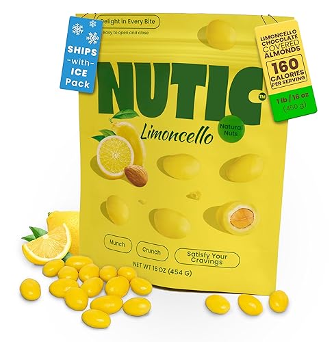 Nutic Lemoncello - Almendras cubiertas de chocolate, 1 libra, almendras tostadas en chocolate blanco y crema de limón. Sabores cítricos para