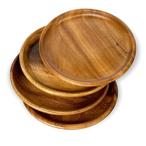 Acacia Wooden Plates – Set of 4, 8” Round Rustic