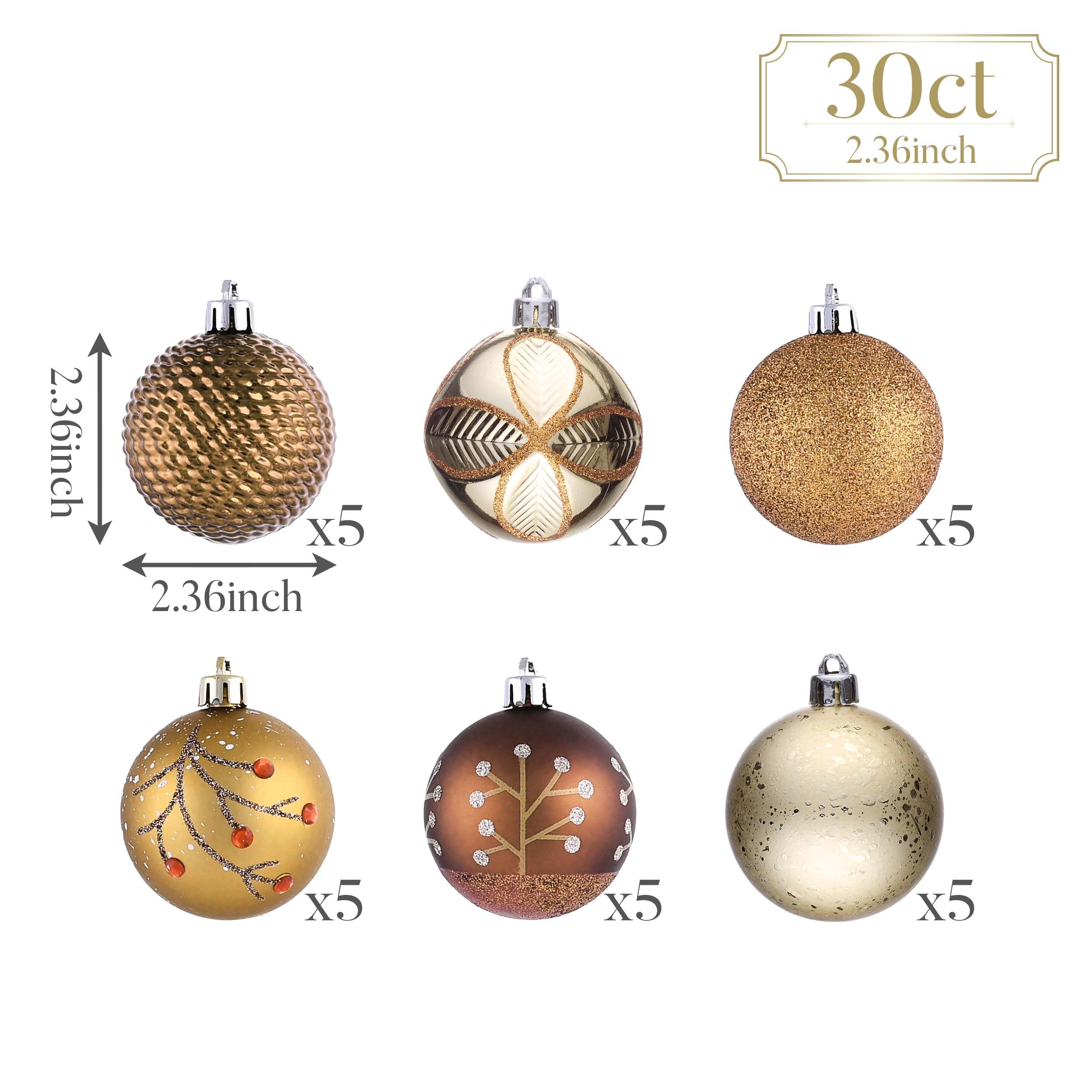 Valery Madelyn Lot de 30 décorations de sapin de Noël incassables en bronze, cuivre et or, 6 cm, marron forêt à suspendre pour décoration de Noël
