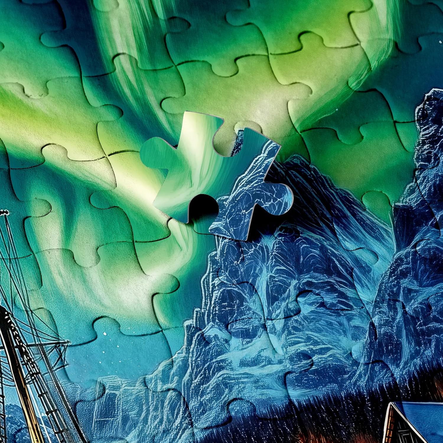Northern Lights Scenery Puzzle 1000 Pieces for Adults, Mountains Snow Ships Jigsaw Puzzle, Fantasy Starry Night Nature Cabin Puzzles image 4