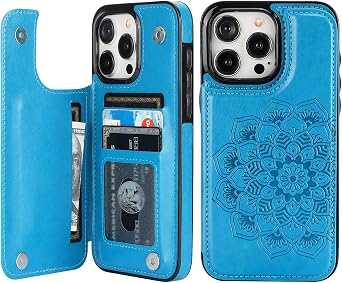 Vaburs Compatible with iPhone 15 Pro Max Case Wallet with Card Holder, Embossed Mandala Pattern Flower PU Leather Double Buttons Flip Shockproof Cover for Magnetic Car Mount 6.7 Inch Blue