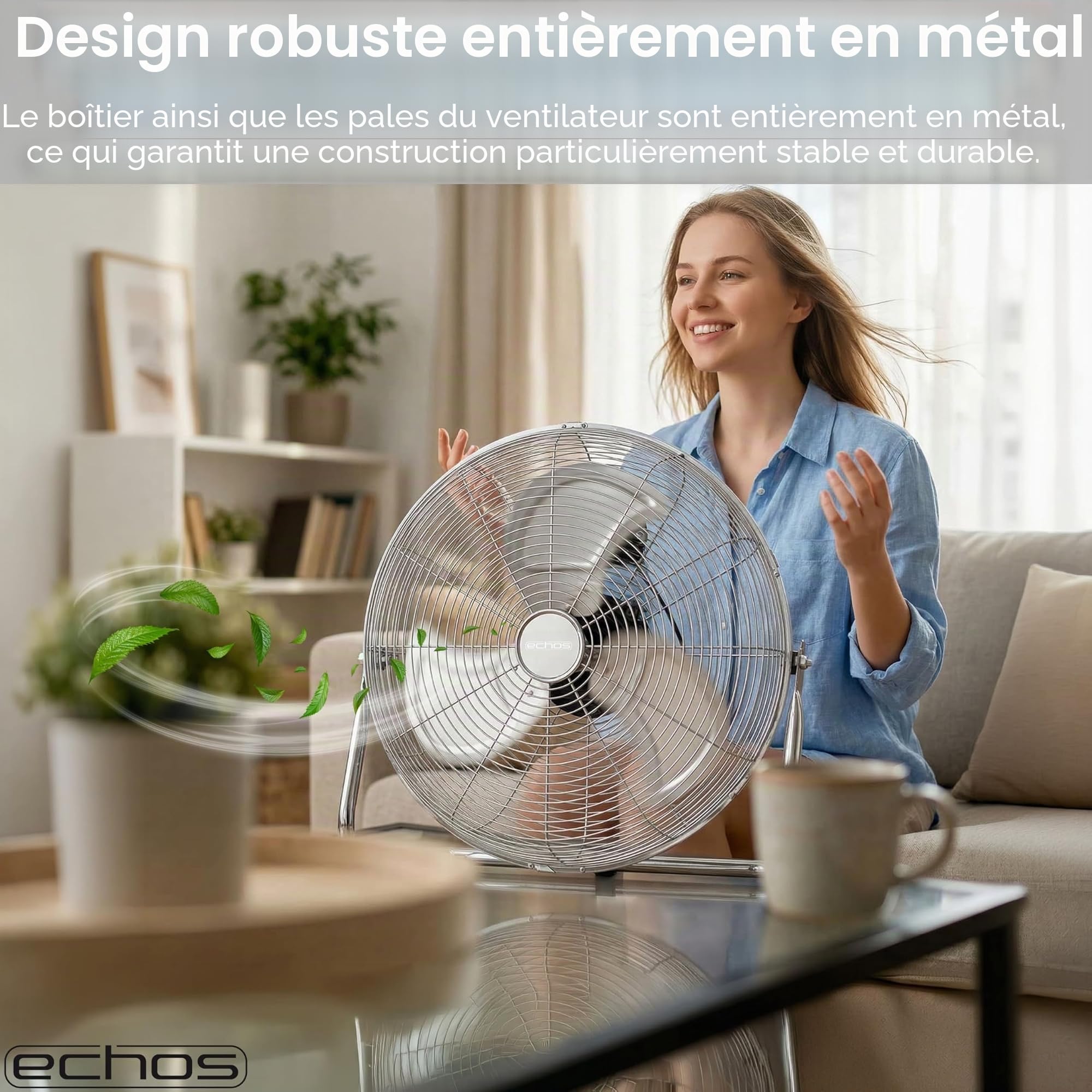 Echos® Ventilateur de sol en métal 46 cm - 100 W - Silencieux - 3 niveaux - Inclinable à 90° - Ventilateur industriel avec flux d'air puissant de 102 m³/min - Pour atelier, bureau et maison