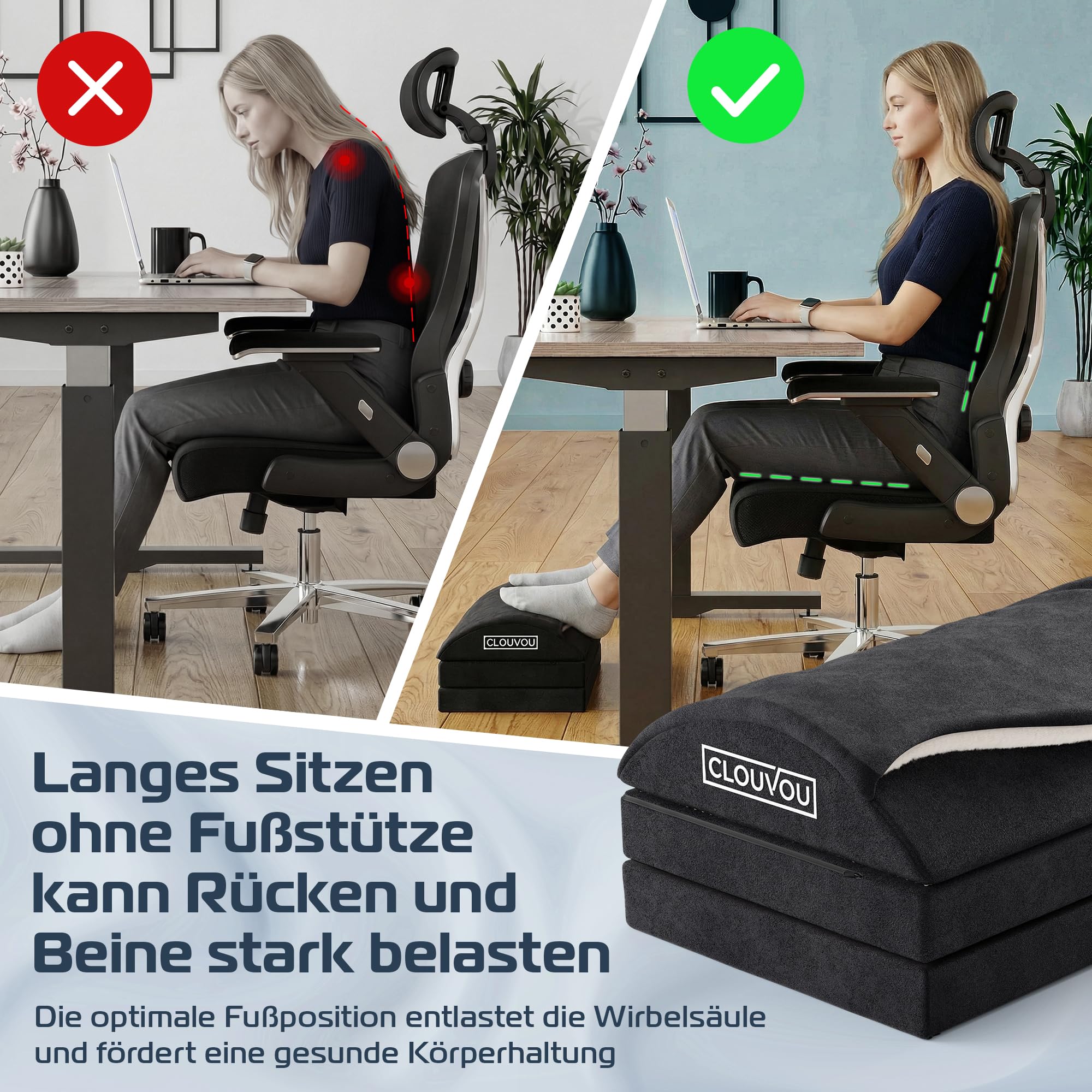 CLOUVOU MasterRest Ergonomische Fußstütze Schreibtisch [TESTSIEGER] Fußhocker höhenverstellbar - Fußablage Schreibtisch - Fußstütze Büro - Fußkissen für Homeoffice - Traumhaft Flauschig