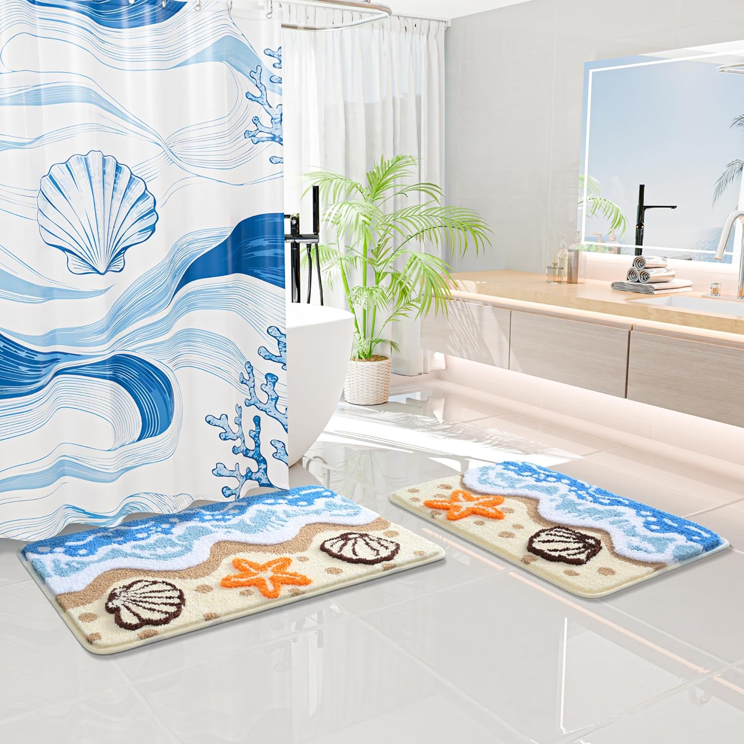 QJHOMO Coastal Bathroom Rugs Beach Ocean Wave Bath Mat Nautical Rug, Cute 3d Starfish Shell Beachy Theme Bathroom Decor Colorful Bath Rug, Soft Microfiber Carpet Non Slip Washable Bathmat (20x32 inch)