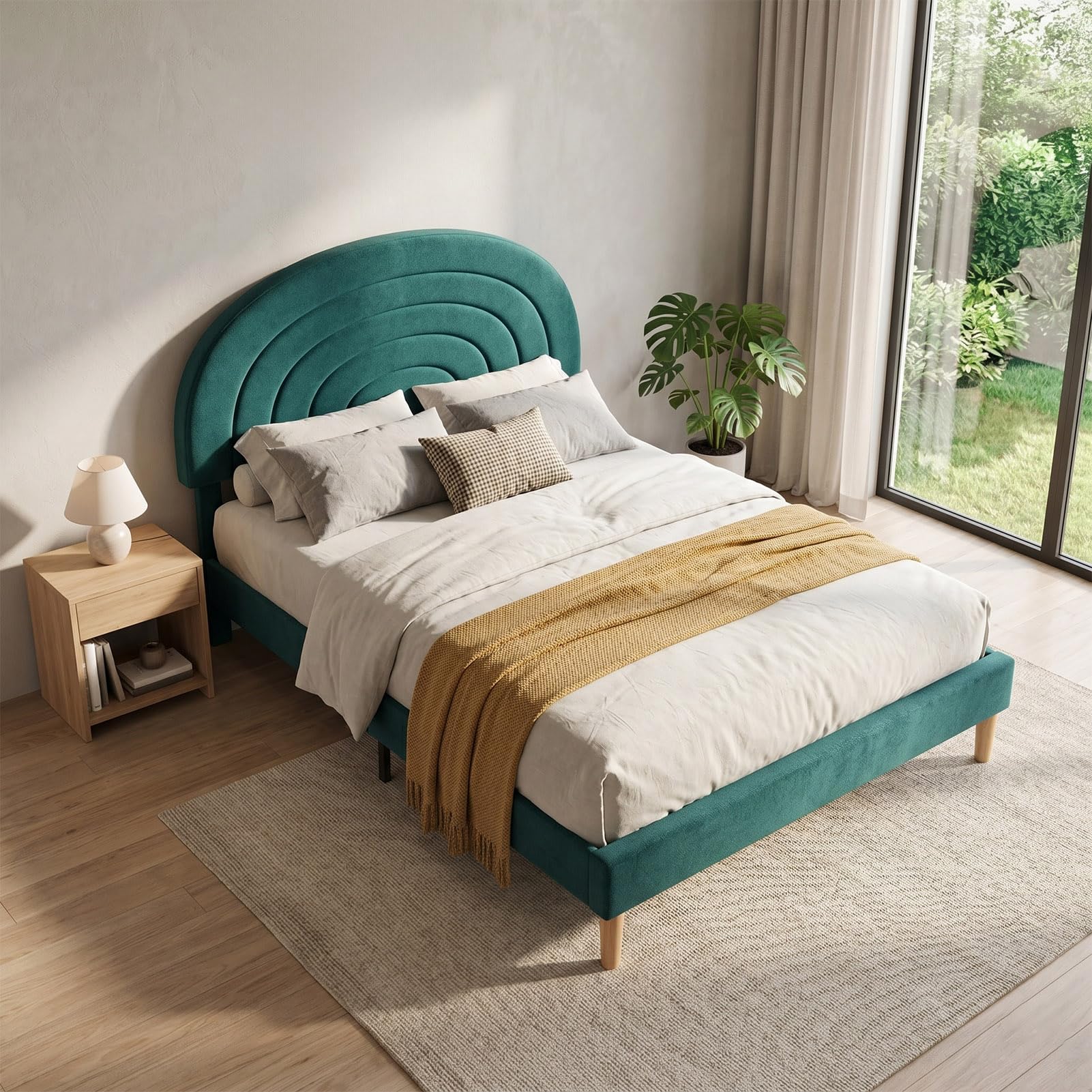 Warmiehomy Double Bed Frame Hunter Green Upholstered Metal Wooden Slat Bed