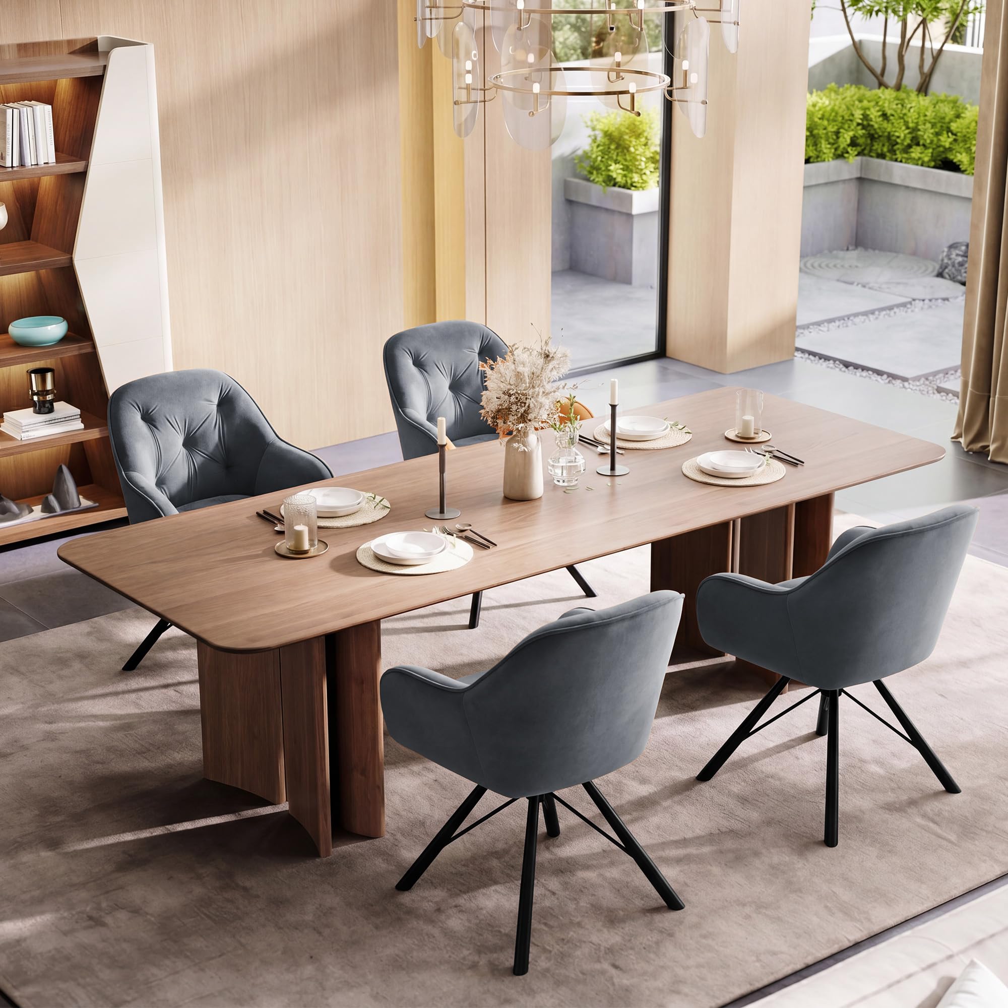 ELUCHANG Esszimmerstühle 4er Set, 360°Drehbar, Mehrschichtiger Dicker Schaumstoff Stuhl mit Hohen Armlehnen, Grau Samt, Gekreuztes Metallgestell bis 150KG Belastbar, für Schlafzimmer Küche Wohnzimmer
