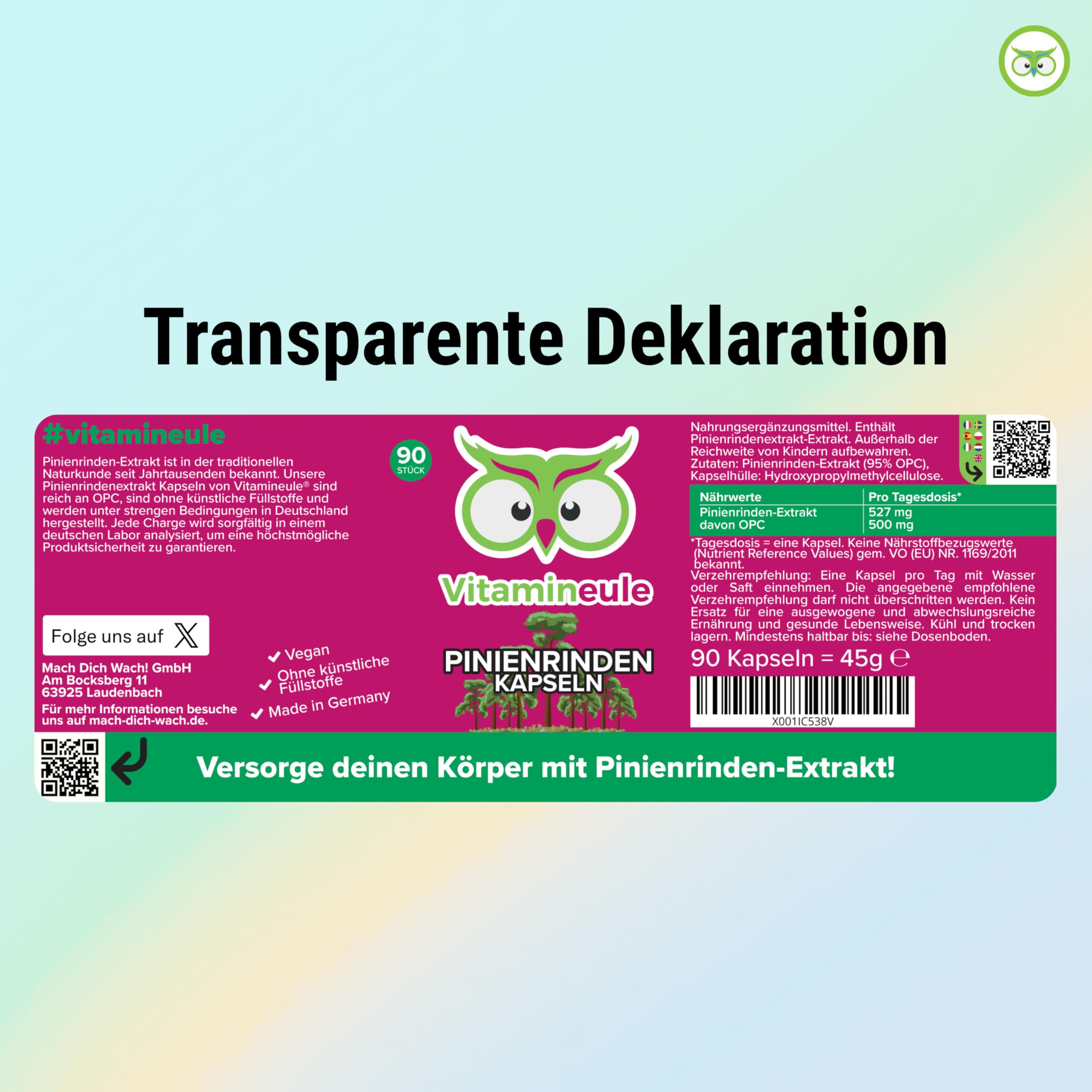 Pinienrindenextrakt Kapseln - hochdosiert 500 mg OPC (95%) - 527 mg 25:1 Extrakt (entspricht 13.175 mg Pinienrinden-Pulver) - bioaktiv & vegan - Produktion in Deutschland - ohne Zusätze - Vitamineule®