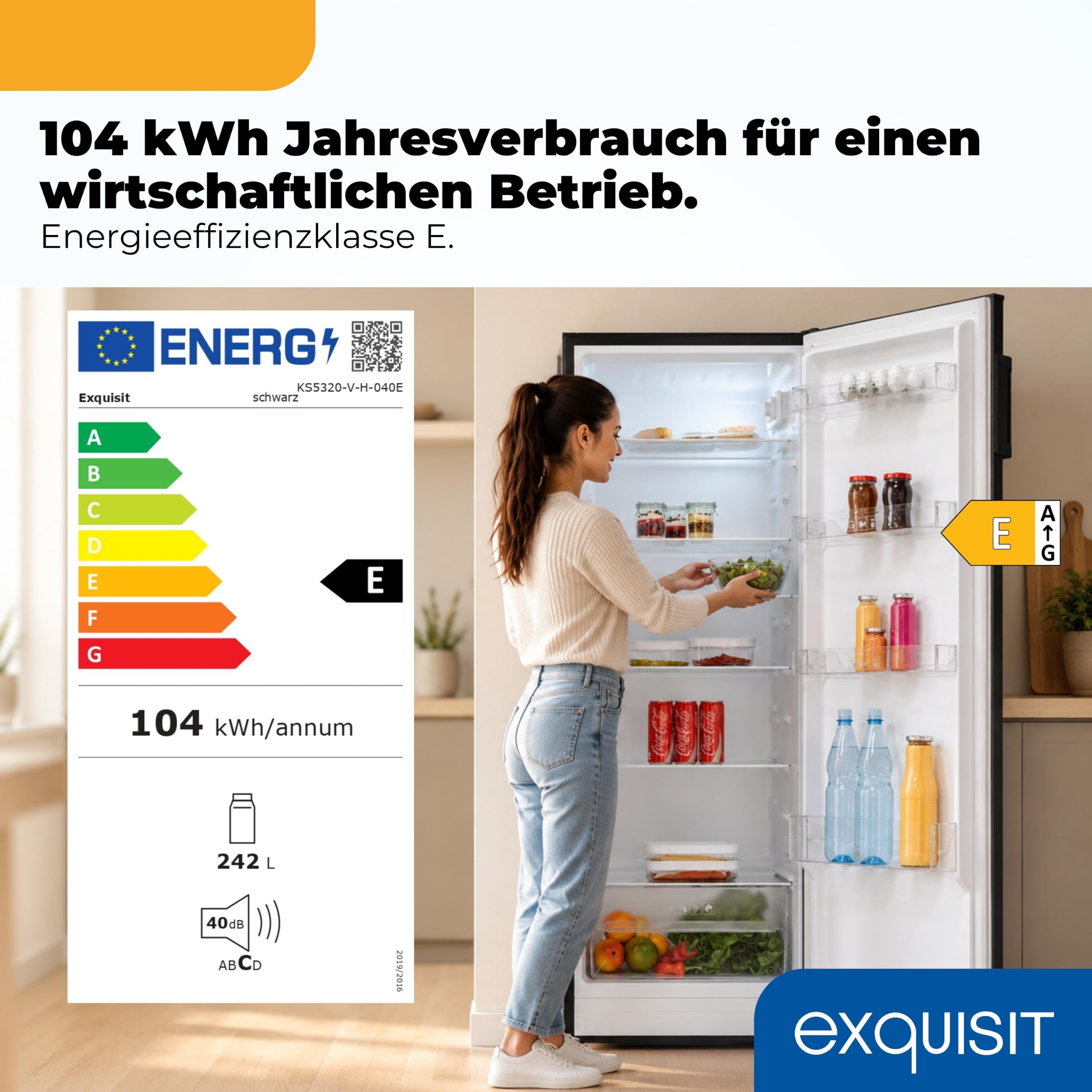 Exquisit Kühlschrank ohne Gefrierfach, Großer Kühlschrank, 5 Ablagen, 242 Liter, Vollraumkühlschrank 143 cm hoch, KS5320-V-H-040E schwarz
