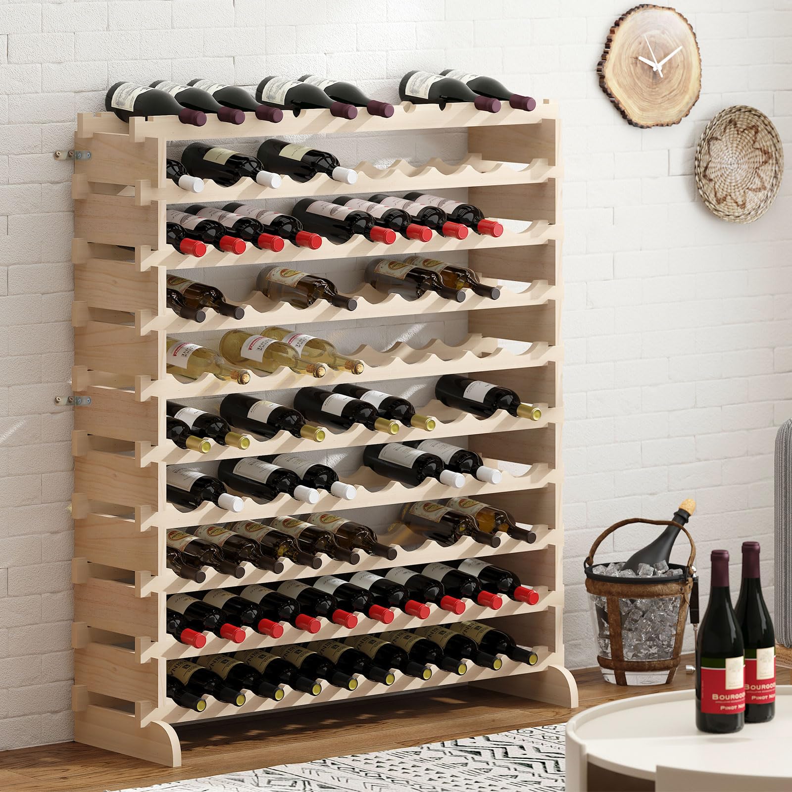 DlandHome 100 Bottle Stackable Wine Rack, 10 Tier Freestanding Modular Wine Bottle Storage Display Shelf, Natural Wood Wine Bottle Rack for Kitchen