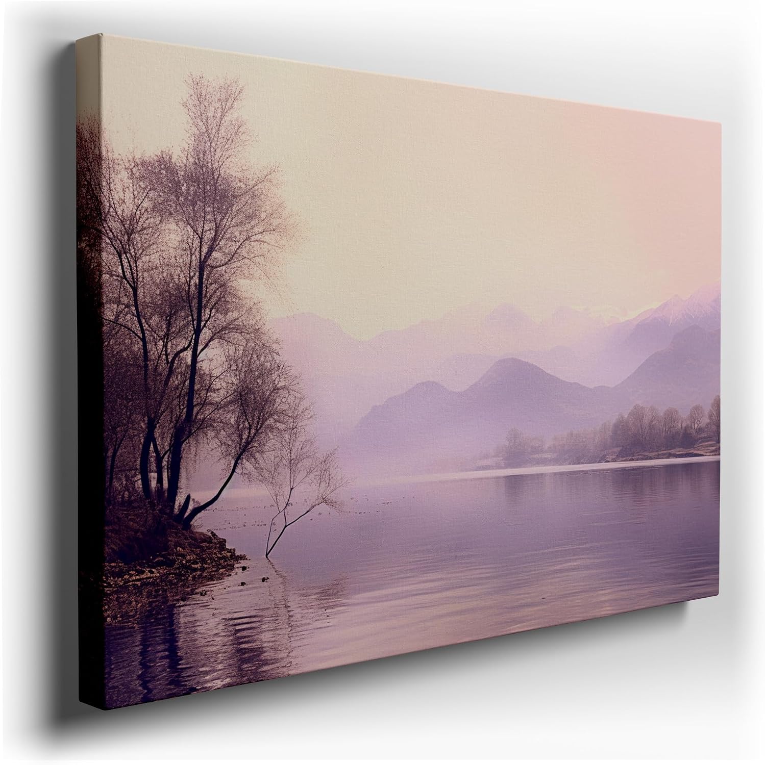 Canvas for Living room. Whispers of Serenity: A Tranquil Lakeside Retreat Amidst Whispering Mountains, 27 x 18 inch Canvas Wall Art - Ready to Hang